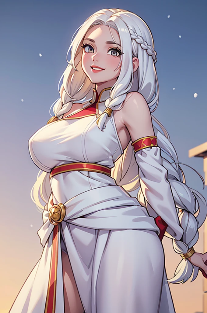 best quality, masterpiece,white hair, gold eyes,white clothes, looking up, upper body,hair strand long hair,Fair skin,side braids with coloured threads braided in them. Large bosom, extremely thin waist, exstremely thin hips. large red lips. Wide smile, gown the color of snow. Good humored whimsical full face.
