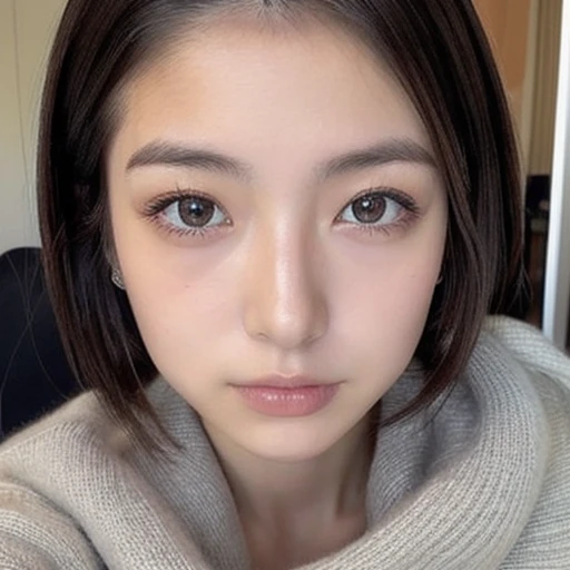 japanese woman、１８age、、morning、one&#39;s home、Selfie style、Upper body projection、Below average face、medium hair、face with makeup、old face、Ugly、Ugly、dark look