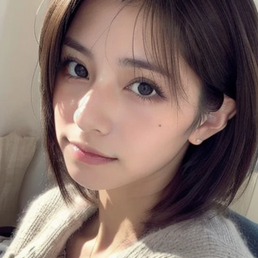 japanese woman、１８age、、morning、one&#39;s home、Selfie style、Upper body projection、Below average face、medium hair、face with makeup、old face、Ugly、Ugly、dark look