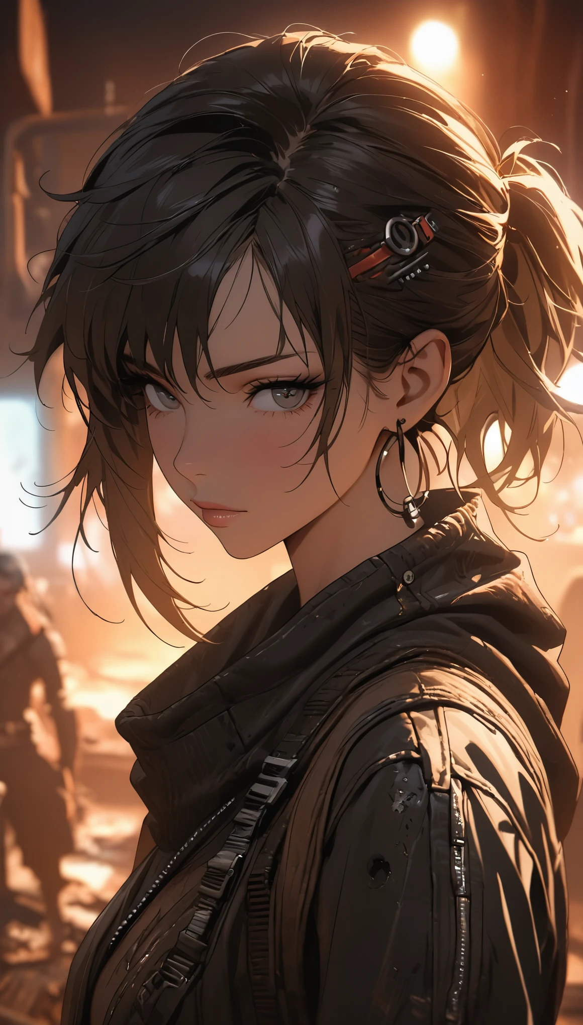 portrait ung woman ,Science fiction, Complex background punk, mad max , futuristic, post apocalyptic, dark, dim lights, ((masterpiece, best quality, )),