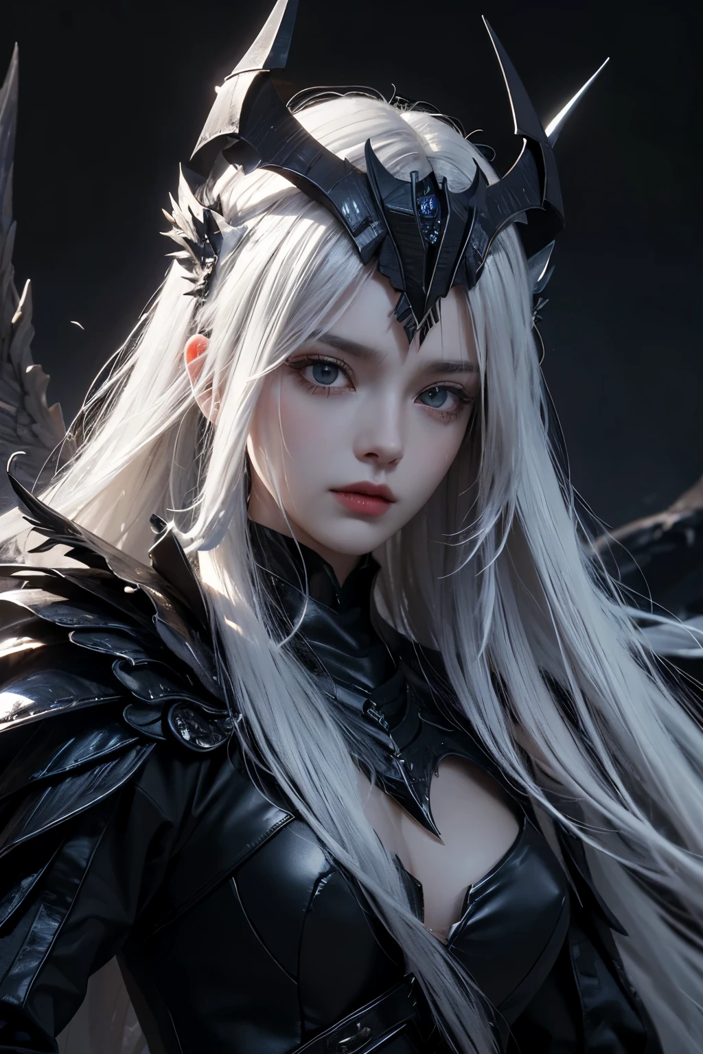 Masterpiece, ultRahigh Resolution, 8k, chariot_of fire falling angels, demon wings , dark lighting, Strong wind on hair, sinister environment , mysterious, ghostly fog , hideous, ValkyrieProfileHelmet, helmet extremely detailed, Feathers on the helmet, Dragon Armor detailed, armor detail-oriented, Armor Black, jewel encrusted, ametista crystal, quartzo Crystal, dark quartz crystal ((demon face)) Realistic, white hair, long hair, straight hair