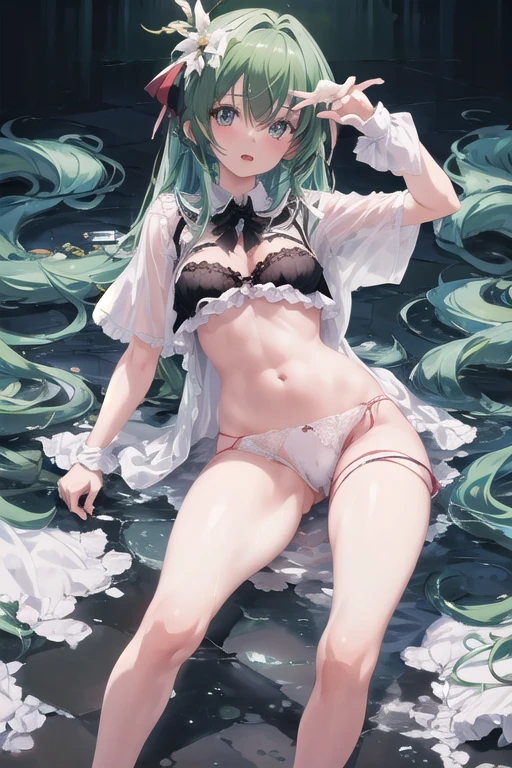 Seios grandes Hatsune Miku，electronic singer，cabelo verde，Ombros nus，uma saia preta，mangas pretas，(Blusa de cor branca)，Roupas brancas，8k，A high resolution，olhos verdes，fundo do concerto，No local do concerto，em concerto，Only beautiful thighs are exposed，the clothes are white，appear on the arm is 01，The number is 01，fundo brilhante，Leaves&#39;, cabelo de alta qualidade 8k ，The eyes of the anime heroine，Olhos de detalhes ultraelevados，olhos de alta qualidade，gravata longa，The length of the tie is thirty cm，Olhos de alto detalhe , and in panties and bra, full body wet from the rain 