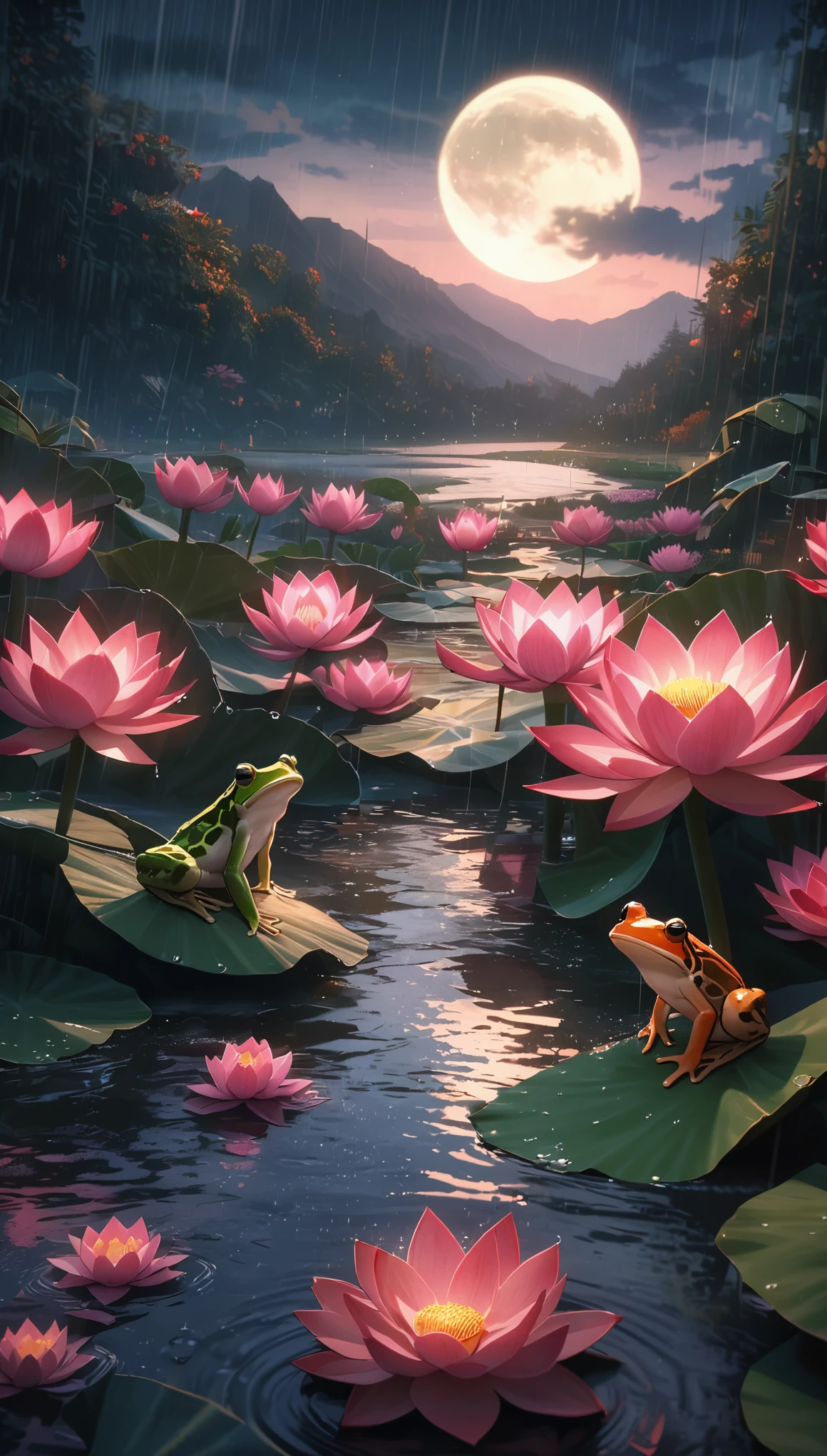 night, Only moonlight illuminates, crescent moon, mountains in the distance, Beautiful big lotus nearby, Big red lotus, There is running water next to it, frog, Summer is full of joy, crescent moon in the sky mixed with stars, amazing wallpapers, rainy night, rainy night, Beautiful and beautiful, Movie, high detail ((downpour))), 8K