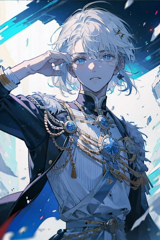un hombre con pelo blanco, y ojos azules en una capa de rey.