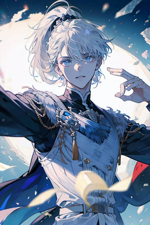 un hombre con pelo blanco, y ojos azules en una capa de rey.