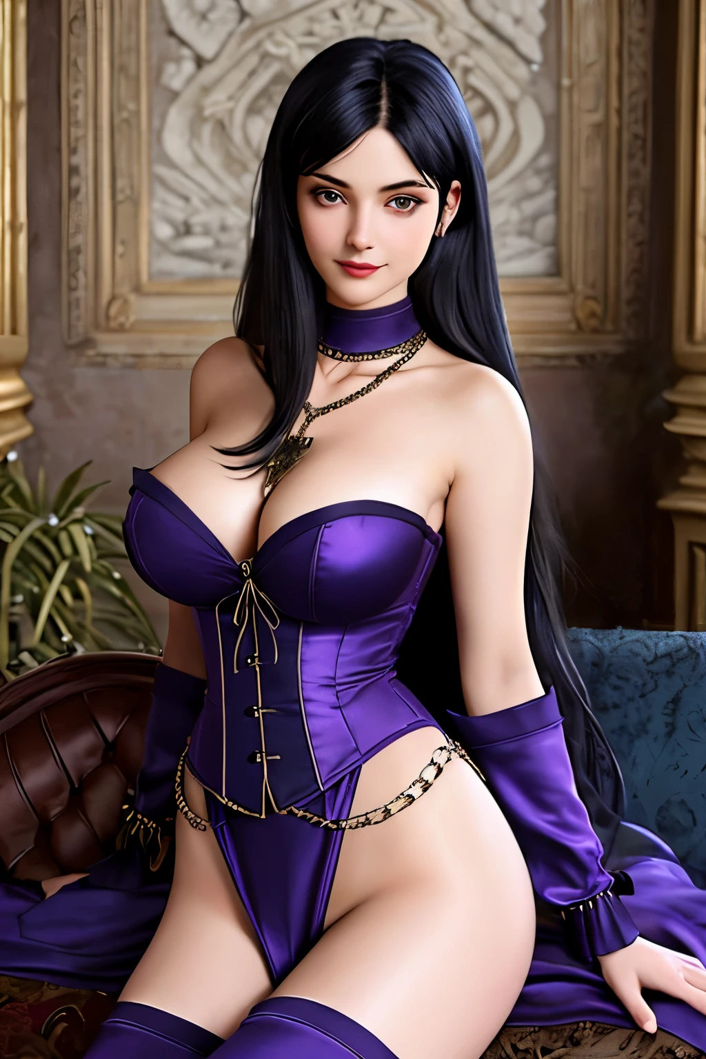 close up 1girl in, 20years, Solo, Aesthetic artwork, long dark blue hair, thick dark blue hair, Violet eyes, clear skin, pale skin, massive breasts, DD-Cup, cleavage, fit body, (round hips, thin waist: 1.25), (Sirius face, dark lipstick, sultry smile:1.1), key necklace, (wearing full length wizard robes purple, corset, bare shoulders, thigh high boots, chains:1.1), (dancing pose:1.21), (detailed Castle tower background:1.1), inside castle, lying on plush couch, 4k textures, soft cinematic light, RAW intricate, elegant, highly detailed, sharp focus, soothing tones, insane details, intricate details, hyperdetailed, low contrast, soft light, exposure blend, hdr, faded