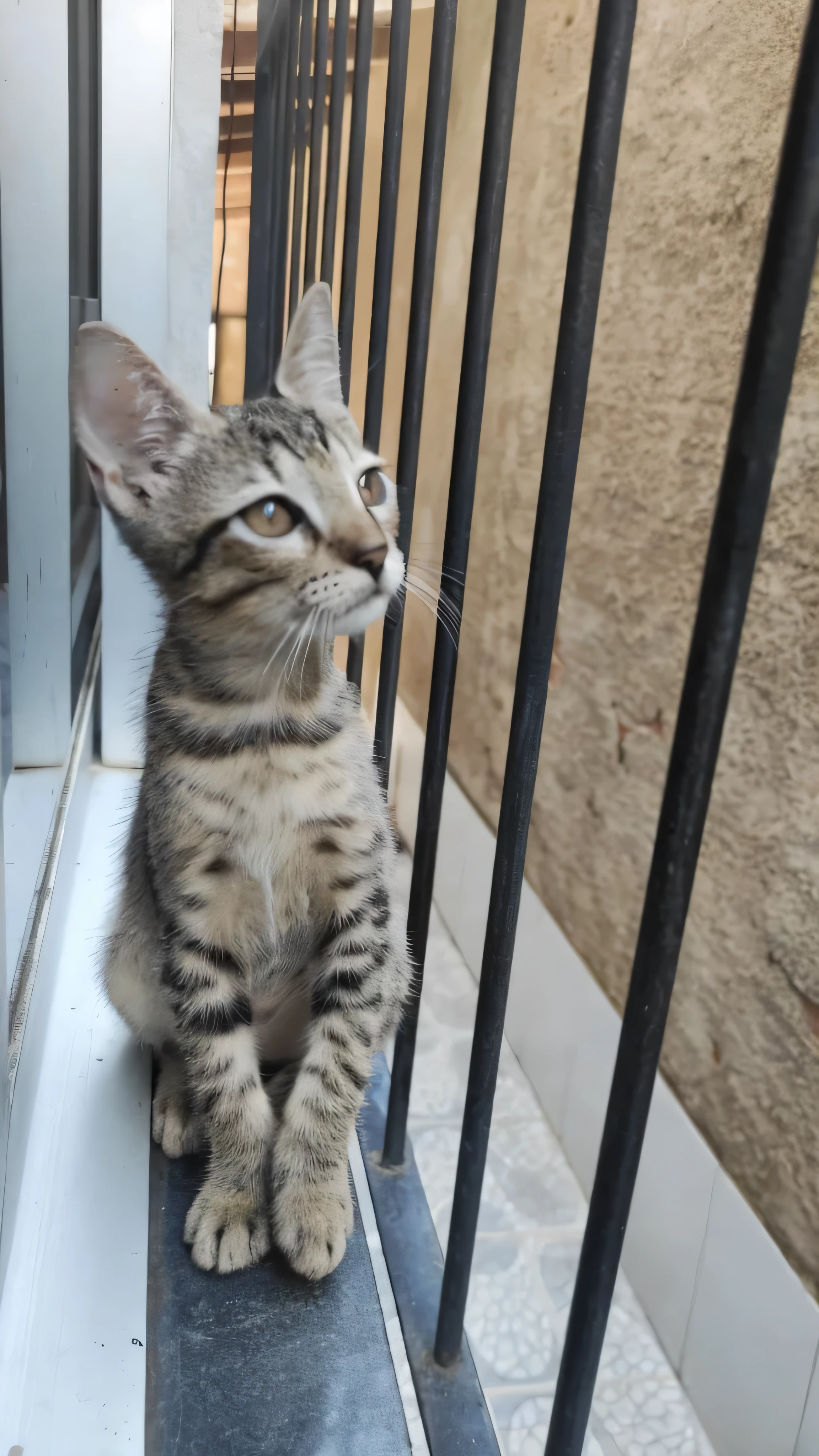 There's a cat sitting on a ledge looking out of a window, curious expression, orgulhoso olhando para longe, she is looking at us, powder Nándor Katona, linda foto de perdido, em uma varanda, olhando para fora, um gato fofo, um lindo, imagem de alta qualidade, olhar curioso, fechar retrato, olhando para o lado dele, homem tabaxi
