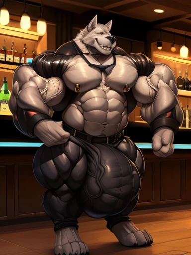 4k, high resolution, best quality, perfect lightning, perfect shadows, solo, anthro, young, boy, wolf, furry body, (fluffy mane:1.2), fluffy tail, male, adult, (bulky, thick muscles, huge muscles, hyper muscles:2.0), (thick biceps:2.0, veiny biceps, big broad veiny pecs:2.0, broad shoulders:2.0), (thick legs:2.0, thick calves:1.1), (digitigrade legs, 4 toes:1.2), (huge bulge, hyper bulge:2.0), perfect colors, (photorealistic fur, detailed fur, epic, masterpiece), (suggestive posing:1.2), (seductive smile, lustful grin 1.3), detailed modern bar, (black leather jacket, open jacket, tie, black shorts), detailed wolf eyes, by k0suna, by darkgem，nipple ring:2.0