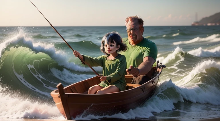 Do a 6-year-old GIRL in a small boat with FATHER  AT rough seas wearing a green shirt and adventurer's outfit.