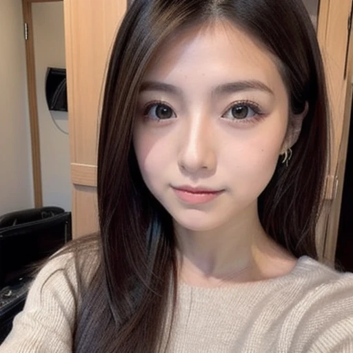 japanese woman、１８age、、morning、one&#39;s home、Selfie style、Upper body projection、Below average face、medium hair、face with makeup、old face、Ugly、Ugly、