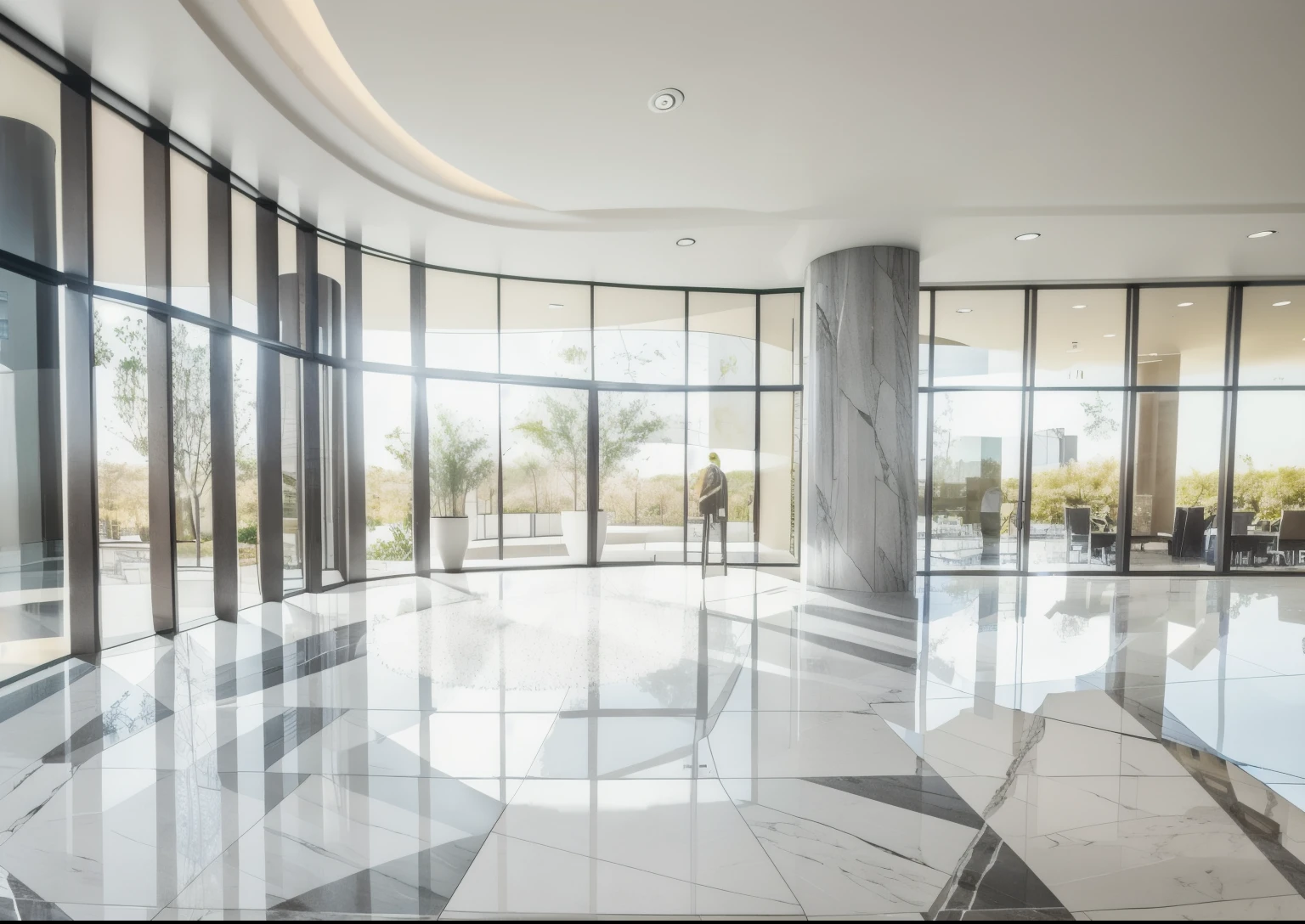The lobby of the new commercial complex features large glass windows and white marble，Gray glass window frame、Entrance、Light gray tones、atmosphere、Vast green space、transparent、three pillars，best quality, Surreal, 