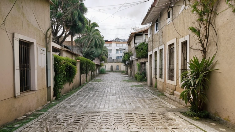 Rua com casas anos 1960 com jardins vistas de frente numa rua pavimentada com pedras