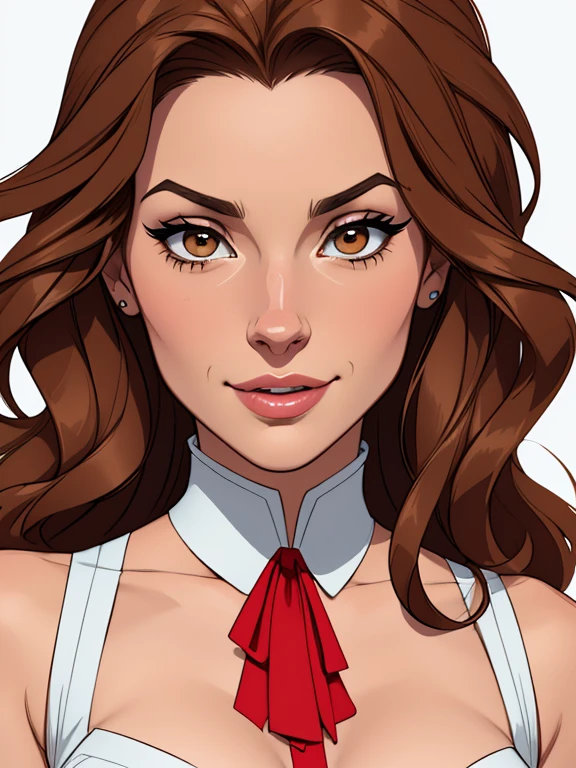 Cartoon style digital illustration Artline drawing white background portrait style image character from Beauty and the Beast. Bela:Physicist: Beautiful cartoon style digital illustration young woman with long brown hair and expressive brown eyes. Ela tem uma postura graciosa e elegante.Roupa: veste um deslumbrante vestido amarelo.Fera:Physicist: 2 character is Snow White with sexy corset