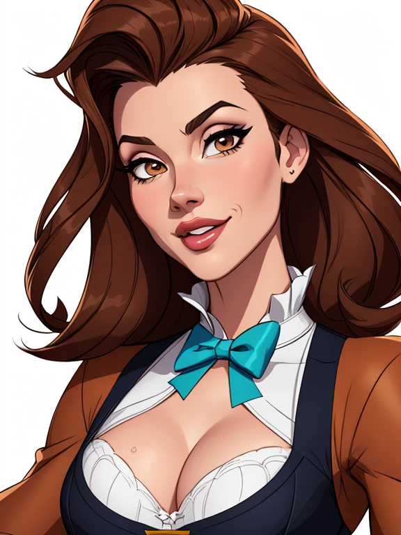 Cartoon style digital illustration Artline drawing white background portrait style image character from Beauty and the Beast. Bela:Physicist: Beautiful cartoon style digital illustration young woman with long brown hair and expressive brown eyes. Ela tem uma postura graciosa e elegante.Roupa: veste um deslumbrante vestido amarelo.Fera:Physicist: 2 character is Snow White with sexy corset