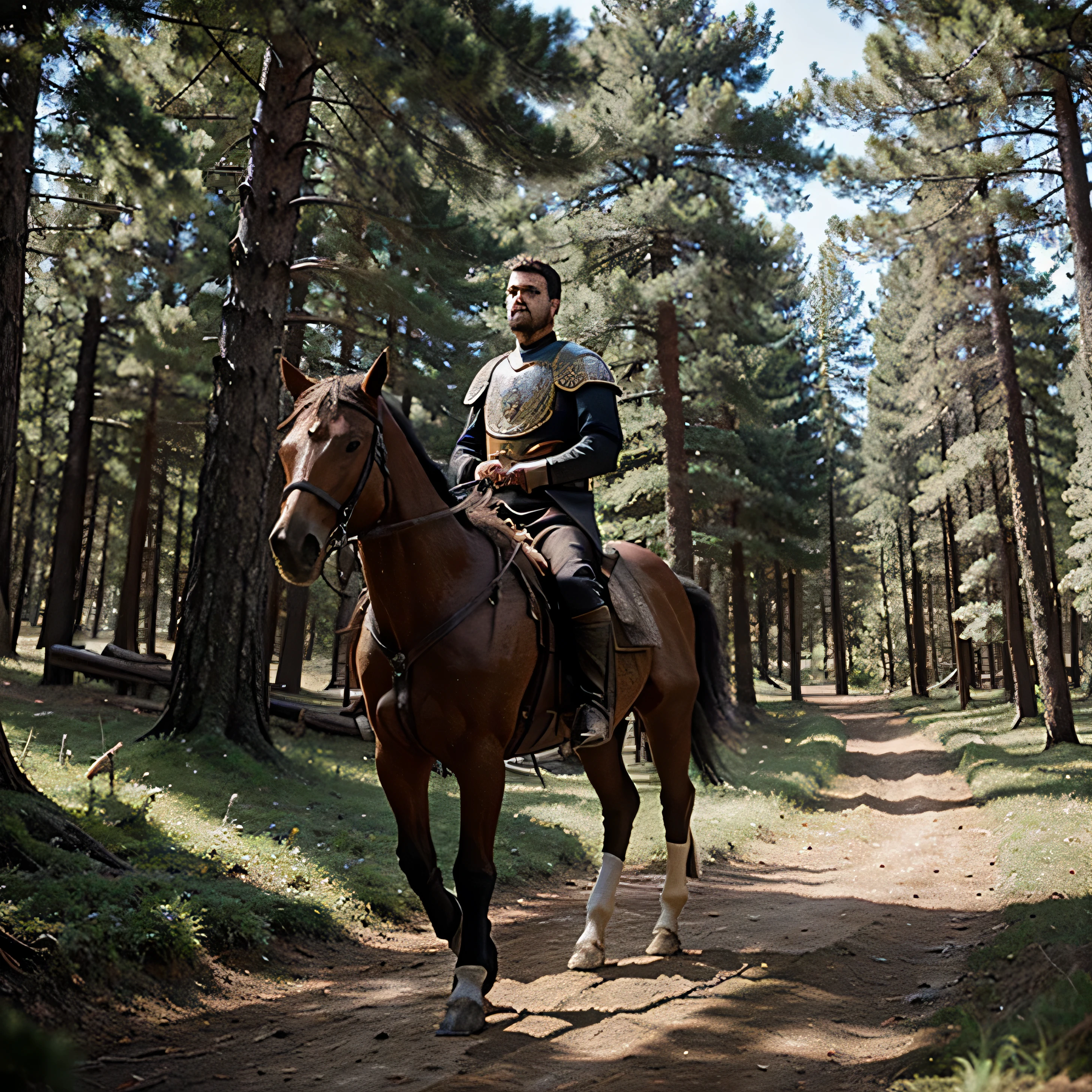 Warrior in the middle ages and his horse in the pine forest