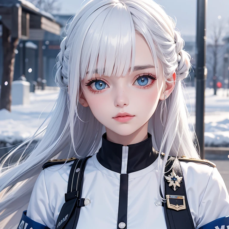 Uma linda em 2d, their hair is white as snow, She has heterochromia and her left eye is red and her right eye is blue, ela usa um uniforme militar na cor roxa