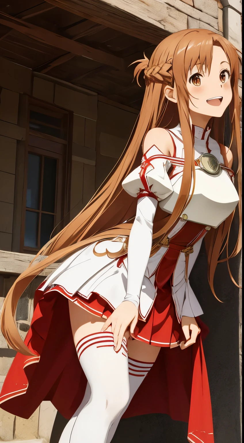 masterpiece, best quality, highres, aaasuna, long hair, brown hair, braid, brown eyes, bare shoulders, armor, breastplate, white sleeves, detached sleeves, red skirt, pleated skirt, white thighhighs, waving, smile, leaning forward, open mouth, town, fantasy
