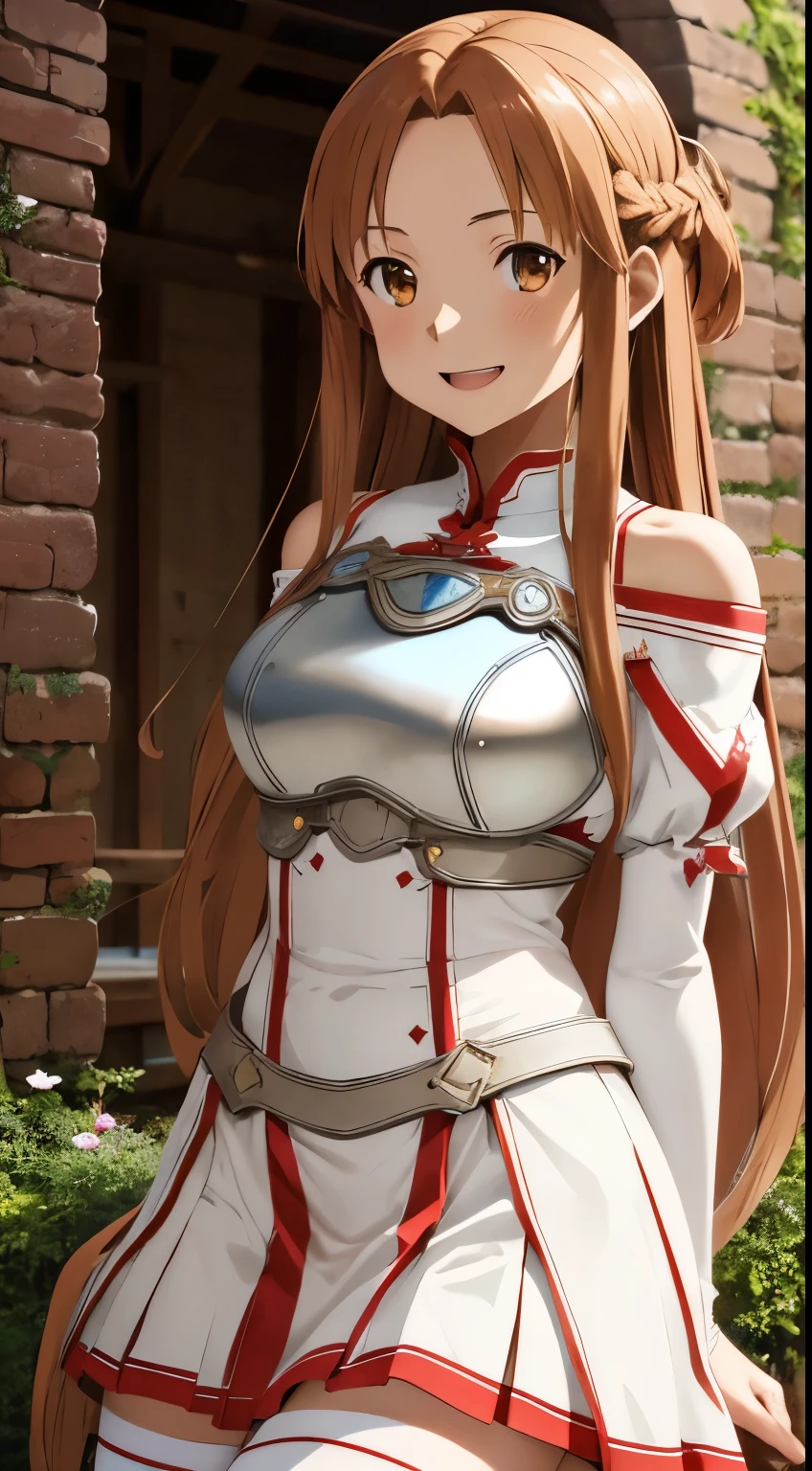 masterpiece, best quality, highres, aaasuna, long hair, brown hair, braid, brown eyes, bare shoulders, armor, breastplate, white sleeves, detached sleeves, red skirt, pleated skirt, white thighhighs, waving, smile, leaning forward, open mouth, town, fantasy