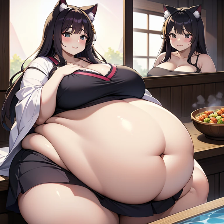 （masterpiece、best quality、super quality、perfect anatomy、detailed、intricate details、Impeccable attention to detail、Superb execution、Beautiful big breasts、upscale、Perfect workmanship、expressive art：1.3），（fat、chubby、Plum：3.45）， 2 girls， black hair color hair, long white hair, through bangs, wide waist, wide body,Cat ear，huge belly，The abdomen is divided into two layers，The belt tightens the belly，sitting in water，The belt tightens the belly，Hip-hugging skirt：3），Tight fabric on chest，chubby，heavy belly，hot spring，Two fat cat women huddled together face to face，sitting in water，Skirt rip，hot spring，eating，hot spring，Tight fabric on chest，kimono，The skirt is tight on the lower abdomen，hot springkimono，kimono，Anime cat girl huge intestines eat a lot of food and intestines on the table - car，swollen stomach