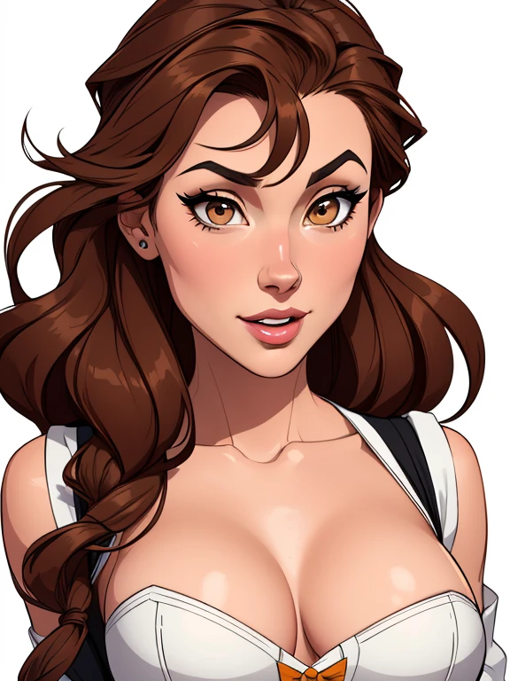 Cartoon style digital illustration Artline drawing white background portrait style image character from Beauty and the Beast. Bela:Physicist: Beautiful cartoon style digital illustration young woman with long brown hair and expressive brown eyes. Ela tem uma postura graciosa e elegante.Roupa: veste um deslumbrante vestido amarelo.Fera:Physicist: 2 character is Snow White with sexy corset
