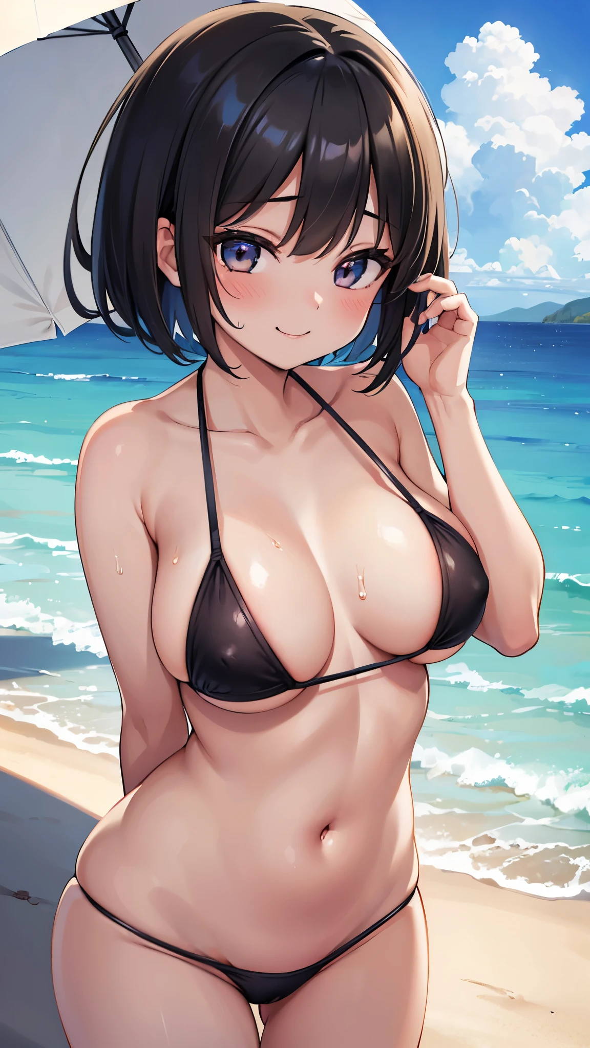 1 girl, (Chiquita:1.2), 1 girl, sarashina_hand, short hair, black hair,
(close shot, highest quality, High resolution, 4k, detailed lighting, shader, NSFW),
micro bikini,
smile, Sweat, nipple,
outdoor, beach,