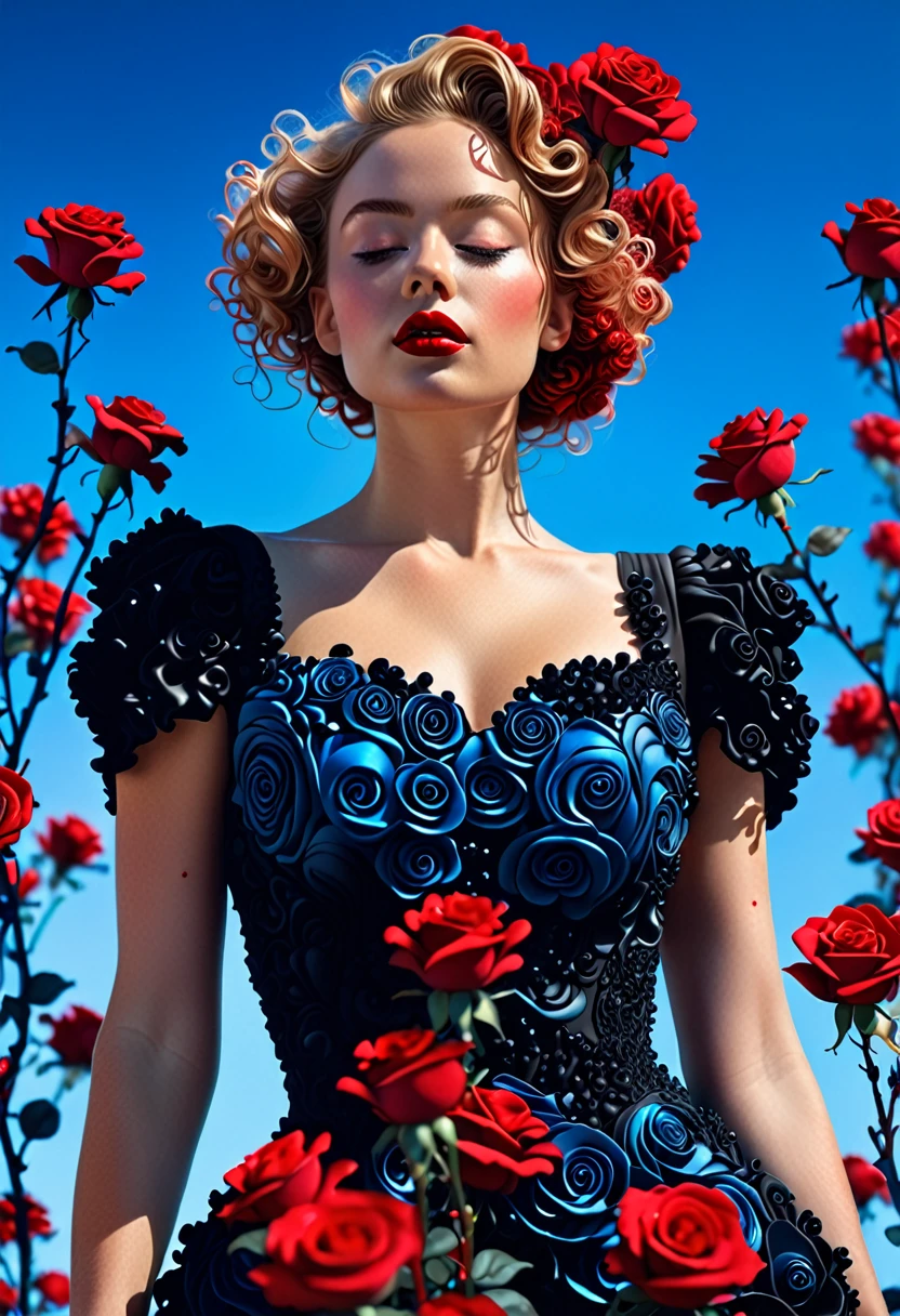 32k full-body abstract photo,bright detail,A beautiful woman in a black dress, Coated with curly red rose granules, Blue sky palette, James Jean, insanely details, Very detailed, Epic, Dramatic, Photorealistic, Photography, Super gorgeous details, Bokeh, Special, Ultra detail, unreal