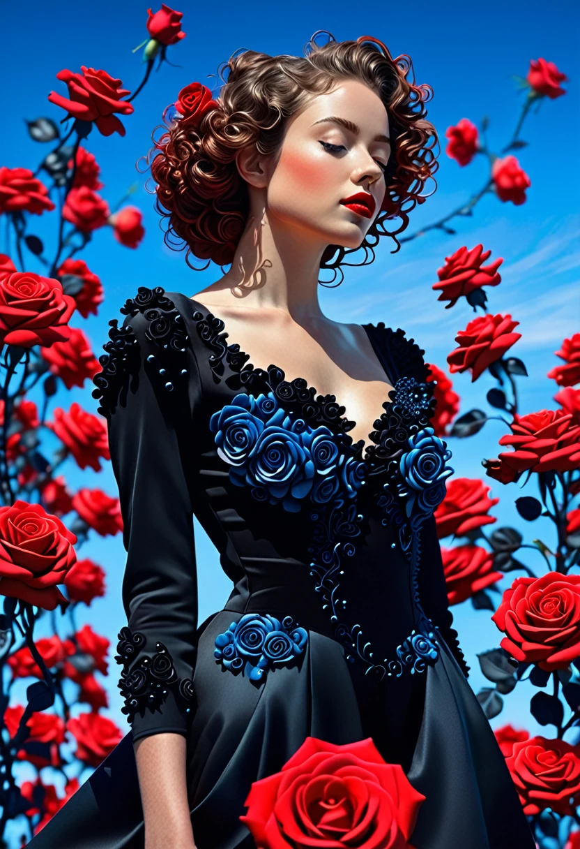 32k full-body abstract photo，bright detail，A beautiful woman in a black dress, Coated with curly red rose granules, Blue sky palette, James Jean, insanely details, Very detailed, Epic, Dramatic, Photorealistic, Photography, Super gorgeous details, Bokeh, Special, Ultra detail, unreal