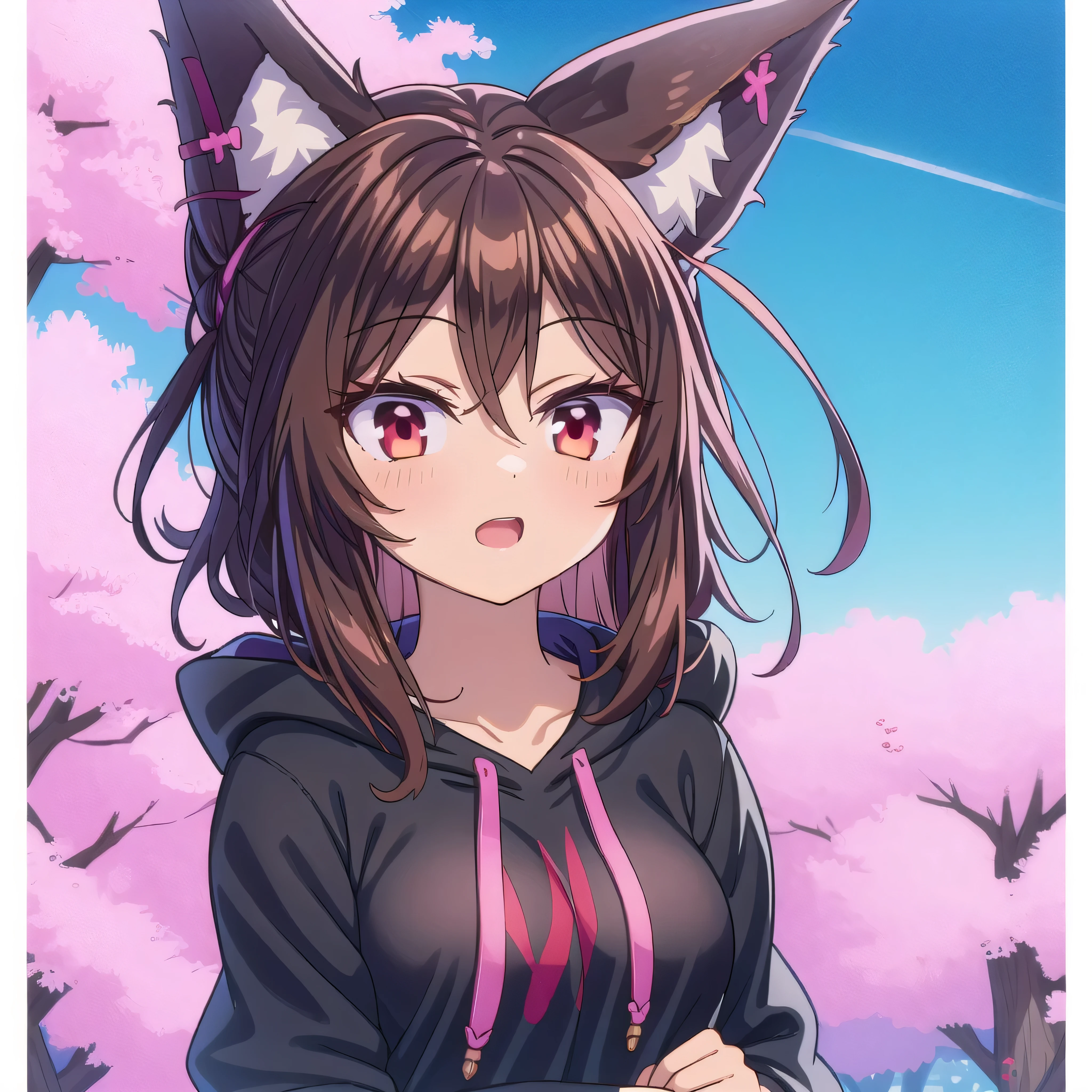 ((red eyes)), shiny skin, ((long brown hair)), ((fox girl)), ((fox ears)), ((black fox tail)), ((pink oversized hoodie)), ((1girl)), ((8k resolution)), ((hands hidden)), ((full body))