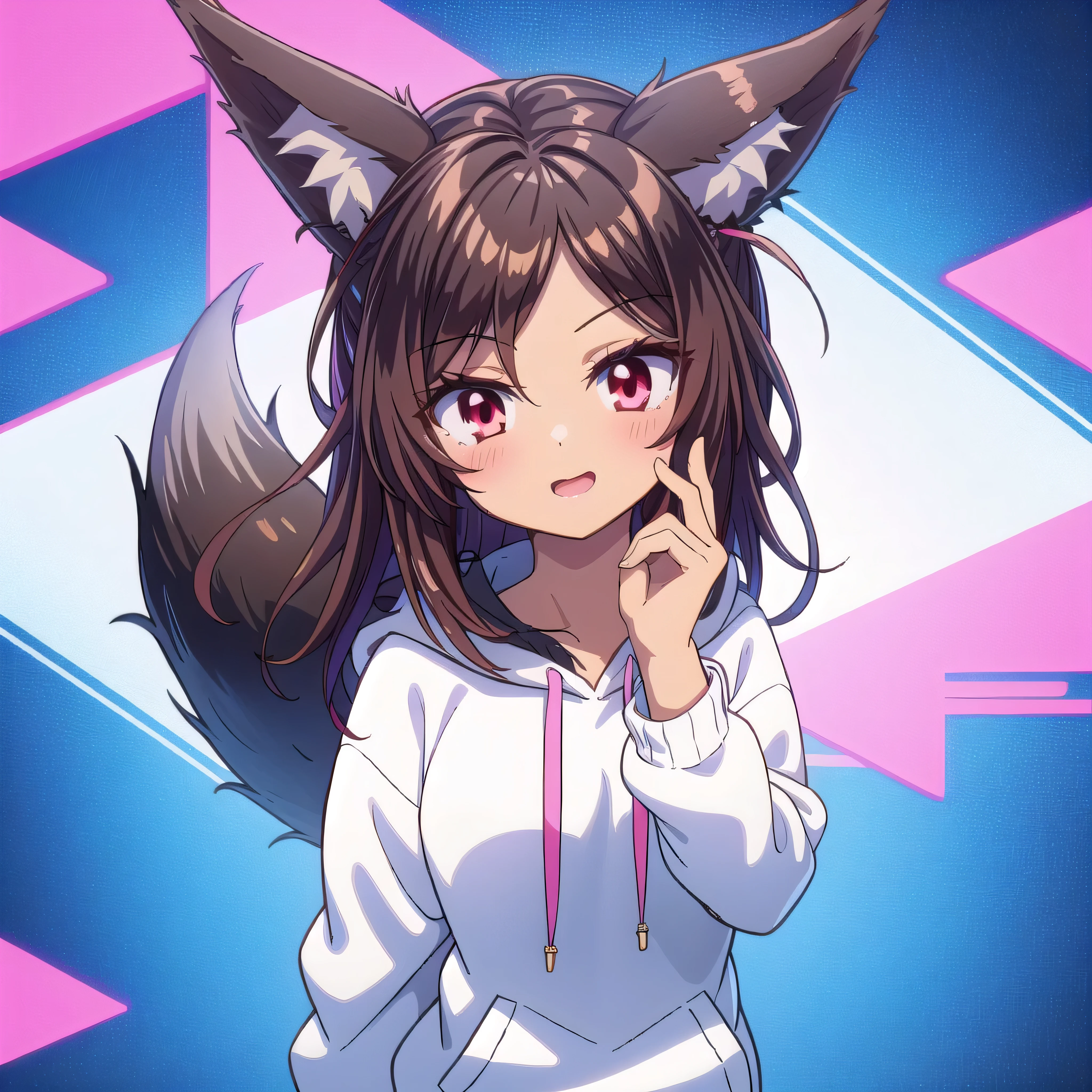 ((red eyes)), shiny skin, ((long brown hair)), ((fox girl)), ((fox ears)), ((black fox tail)), ((pink oversized hoodie)), ((1girl)), ((8k resolution)), ((hands hidden)), ((full body))