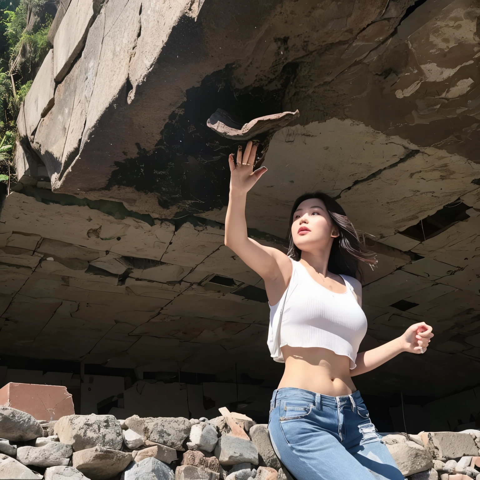 Beautiful woman escapes from falling rocks during Taiwan earthquake