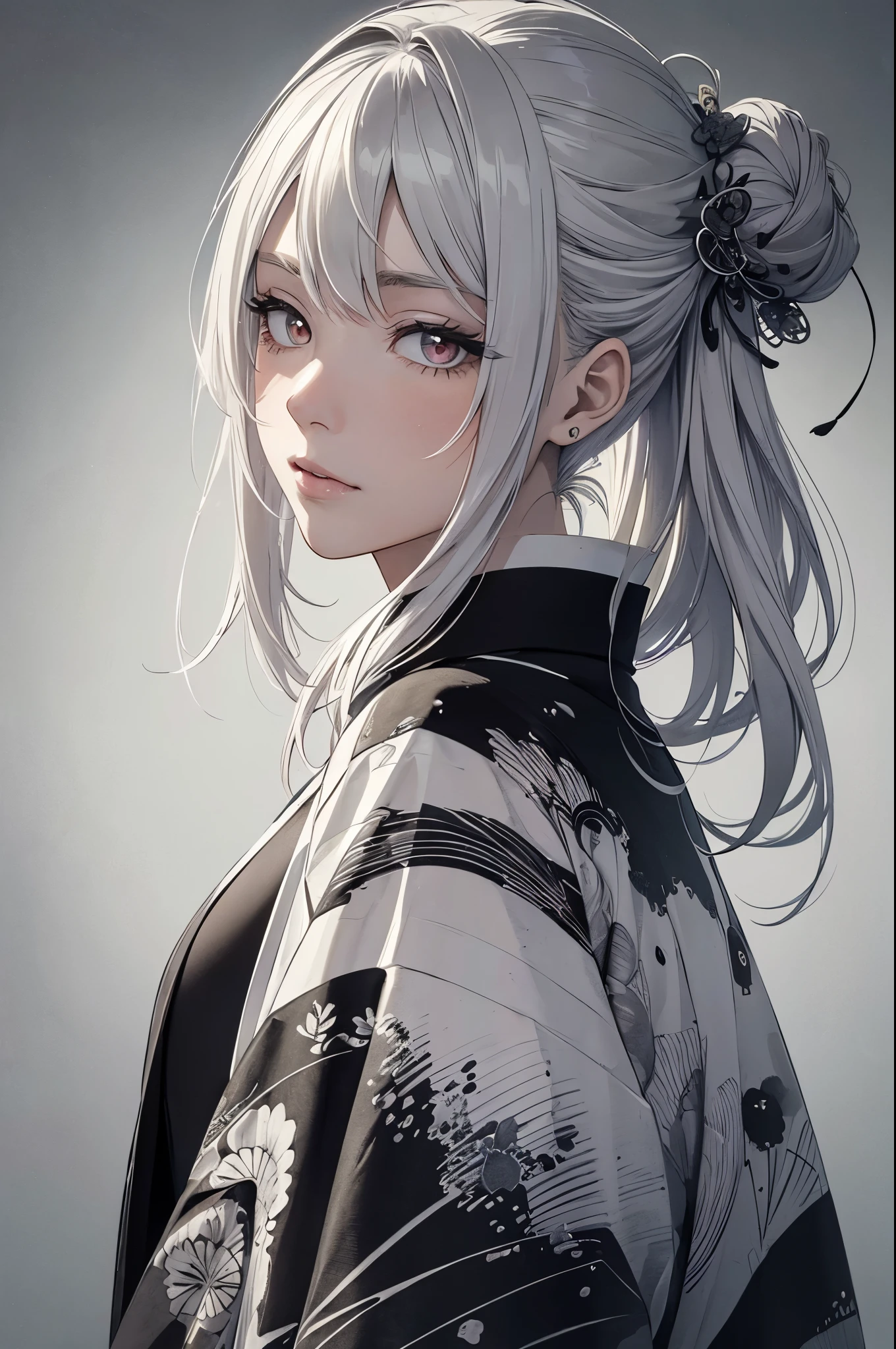 (((ink and wash styles))),((highest quality)), (masterpiece:1.5), (8k cg wallpaper), (vast world of lies, False Sky, real girl, abstract: 1.4),(masterpiece:1.3),(fluorescence, Complex, surreal, breathtaking, can't believe it, quiet, tranquility),(highest quality),(Super detailed, High resolution, very detailed:1.5), one girl, silver hair, red eyes, turn to the side, cool face, kimono, Temporary, ink painting
