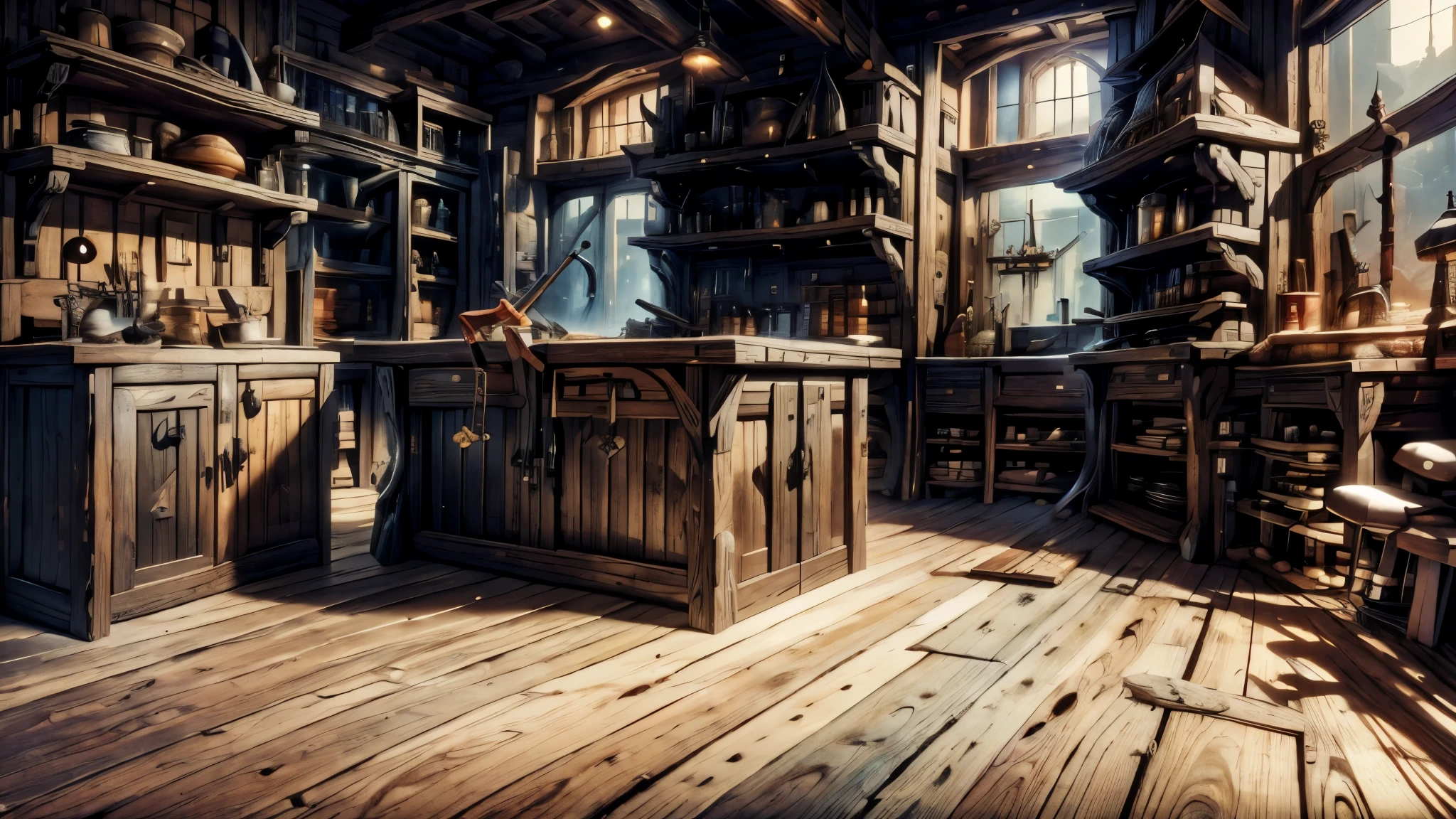 (Masterpiece, best quality, 8k), panoramic view, wooden shop interior, medieval style, counter, shelves, shoes and boots, weapons, tools, utensils.