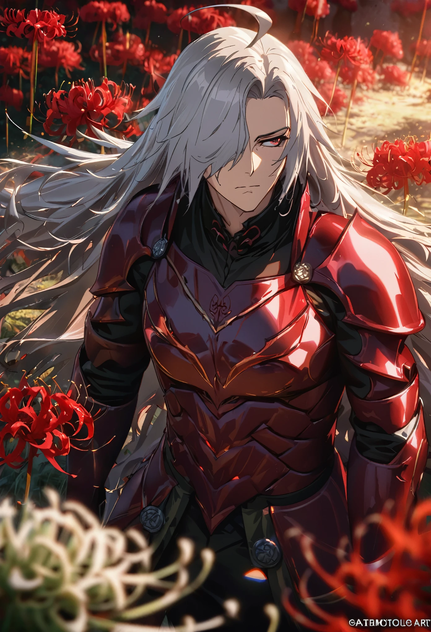((solo)), (man), tired face, dark red eyes, silver hair, very long hair, straight hair, messy hair, (mature), (adult), a close up of a person with a great sword in a desolate land surrounded by demons and monsters, in a field of red spider lilies, detailed key anime art, casimir art, masamune shiro, masamune, handsome guy in demon slayer art, heise jinyao, shadowverse style, (no logos), red spider lily field, flame magic, red spider lily flower field, futuristic armor, suit eye reflection, expressive hair, hair over one eye, shiny hair, ahoge, bangs, depth of field, cinematic lighting, ray tracing, depth of field, cinematic lighting, ray tracing, UHD, high details, best quality, highres, high quality, award winning, super detail, masterpiece, 8k, UHD, high details, best quality, highres, high quality, award winning, super detail, masterpiece, 8k