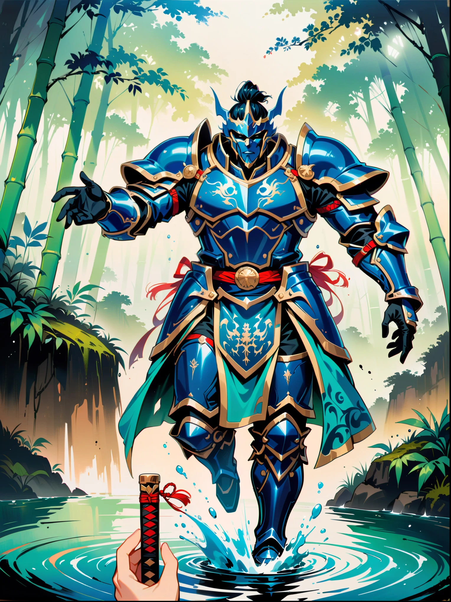 Ink painting,Male knight on the water,((Anatomically correct and precise facial structure, detailed facial depiction, and delicate facial features)),A bamboo forest behind,sword,landscape,Ultra HD resolution,Freehand style,majestic,Natural light,(first-person view, masterpiece, ccurate, high details, best quality, 8k)