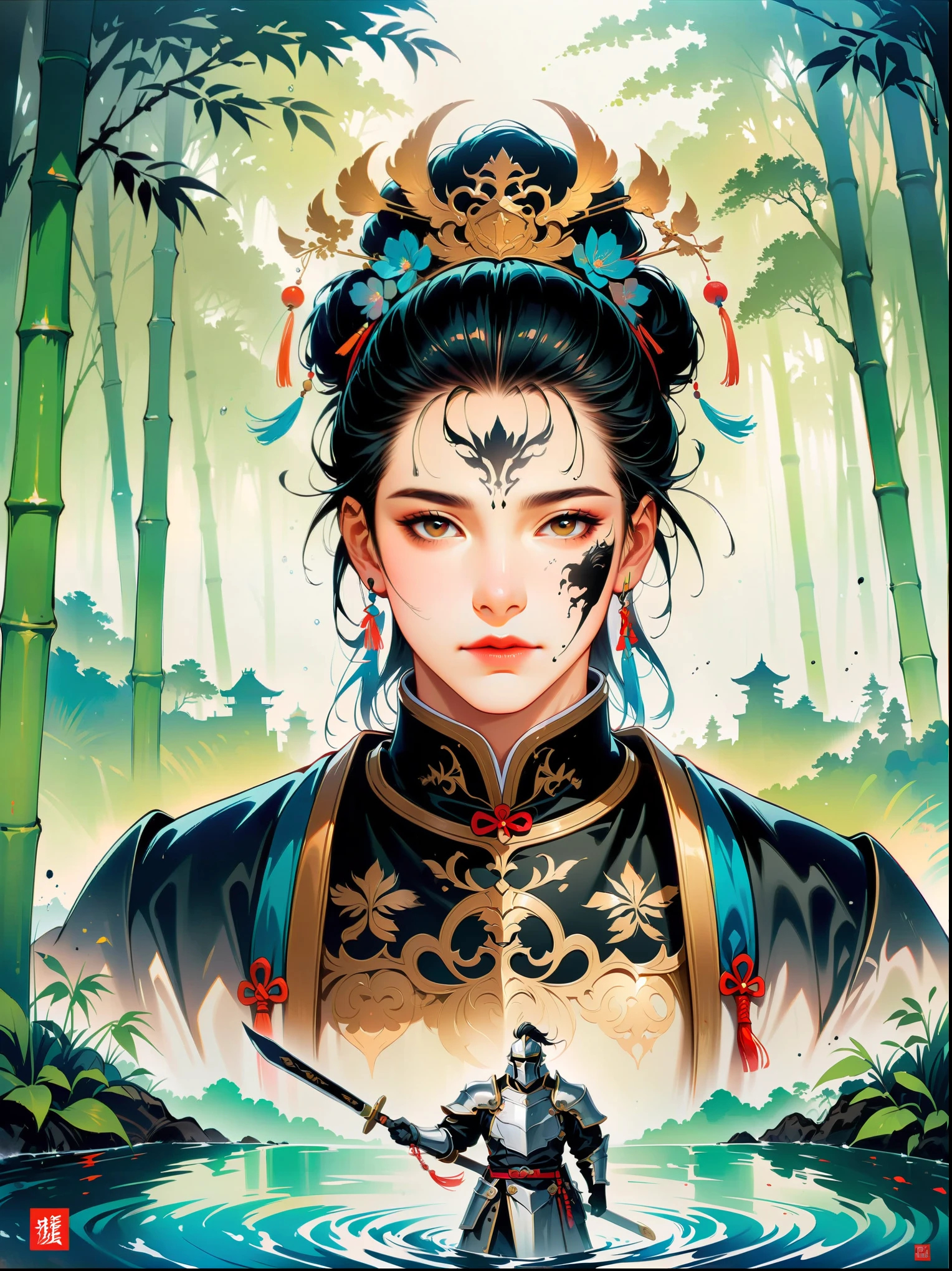 Ink painting，Male knight on the water，((Anatomically correct and precise facial structure, detailed facial depiction, and delicate facial features))，A bamboo forest behind，sword，landscape，Ultra HD resolution，Freehand style，majestic，Natural light，(first-person view, masterpiece, ccurate, high details, best quality, 8k)