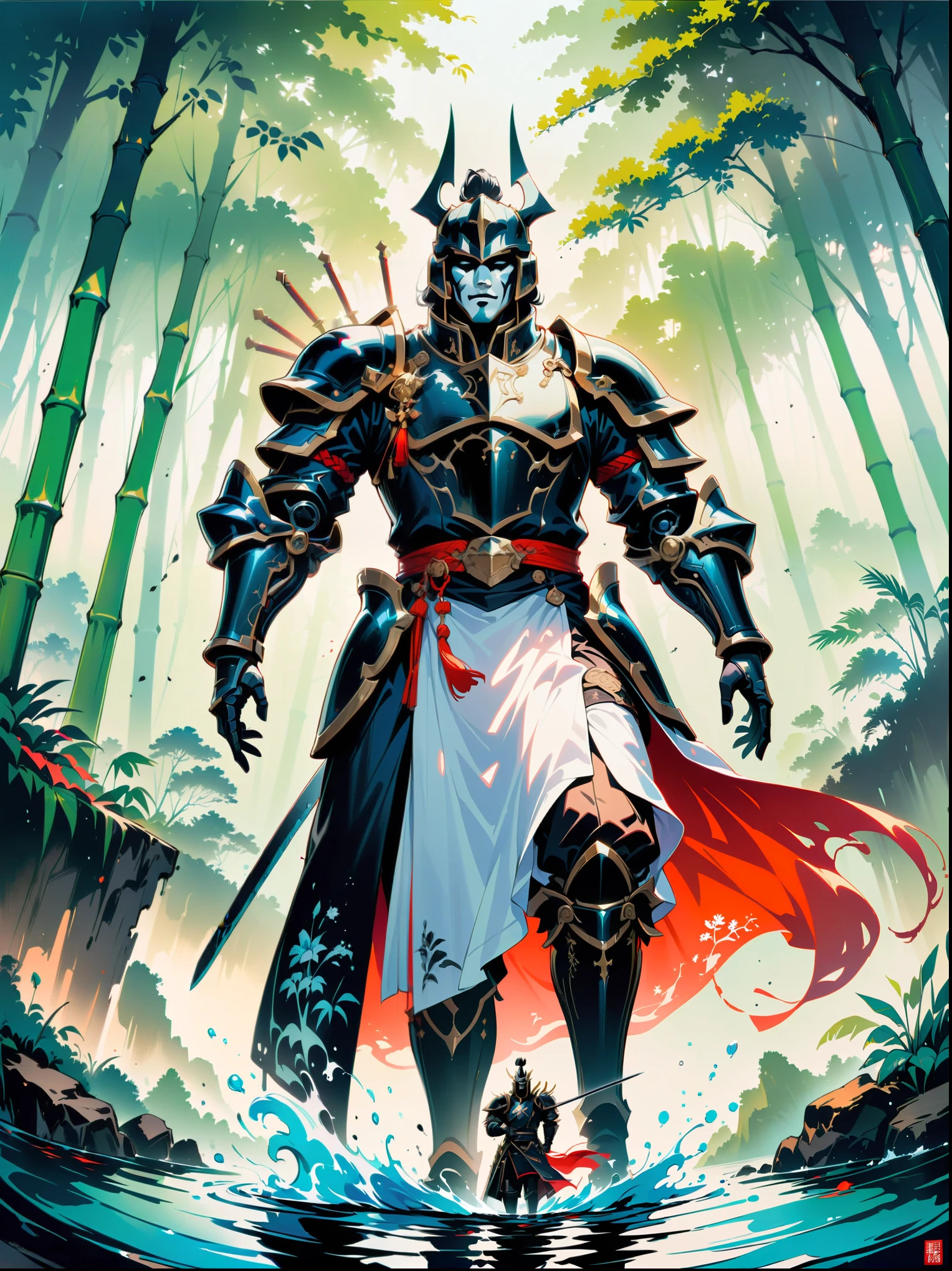 Ink painting，Male knight on the water，((Anatomically correct and precise facial structure, detailed facial depiction, and delicate facial features))，A bamboo forest behind，sword，landscape，Ultra HD resolution，Freehand style，majestic，Natural light，(first-person view, masterpiece, ccurate, high details, best quality, 8k)