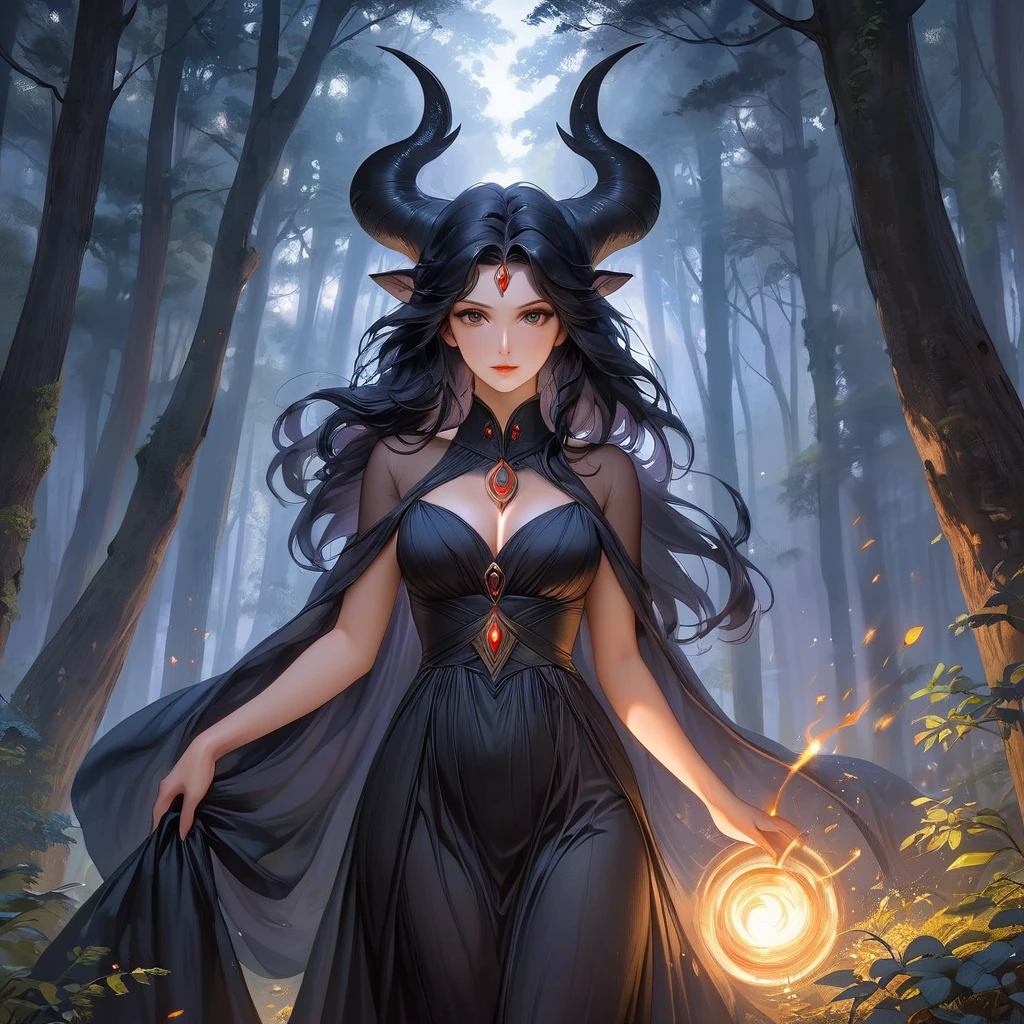 Painting of Hecate, the Greek Goddess of witches, a powerful and dark appearance with an imposing and profound presence, a tall 30-year-old woman with a beautiful physique, long black hair, a serious and noble face, her eyes shine with a radiant and magical glow, she wears a long flowing black dress, scene in the forest, painting by Christophe Vacher, realistic oil painting, classical realism