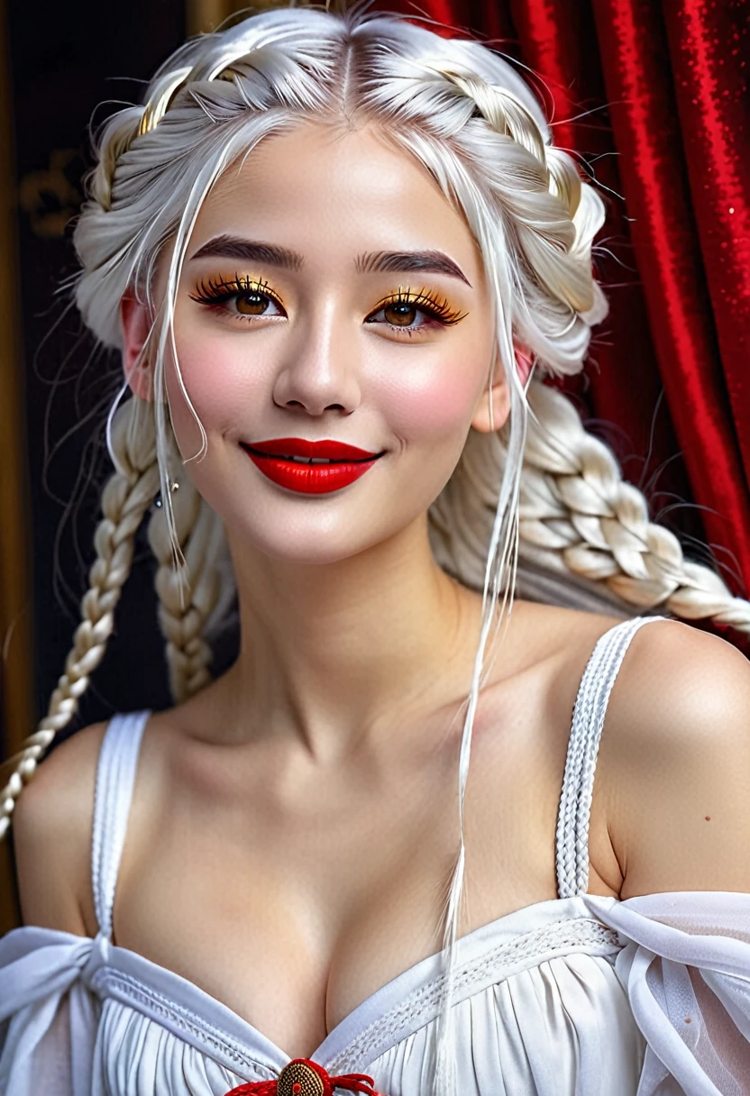 best quality, masterpiece,white hair, gold eyes,white clothes, looking up, upper body,hair strand long hair,Fair skin,side braids with coloured threads braided in them. Large bosom, extremely thin waist, exstremely thin hips. large red lips. Wide smile, gown the color of snow. Good humored whimsical full face.