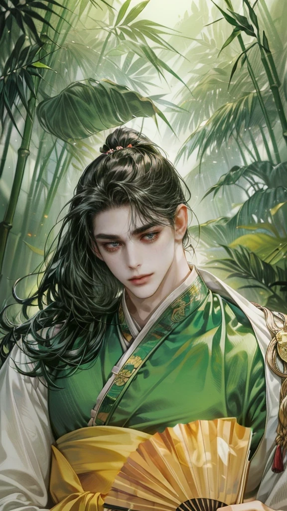hanfu, (folding fan:1.2), He holds a folding fan.