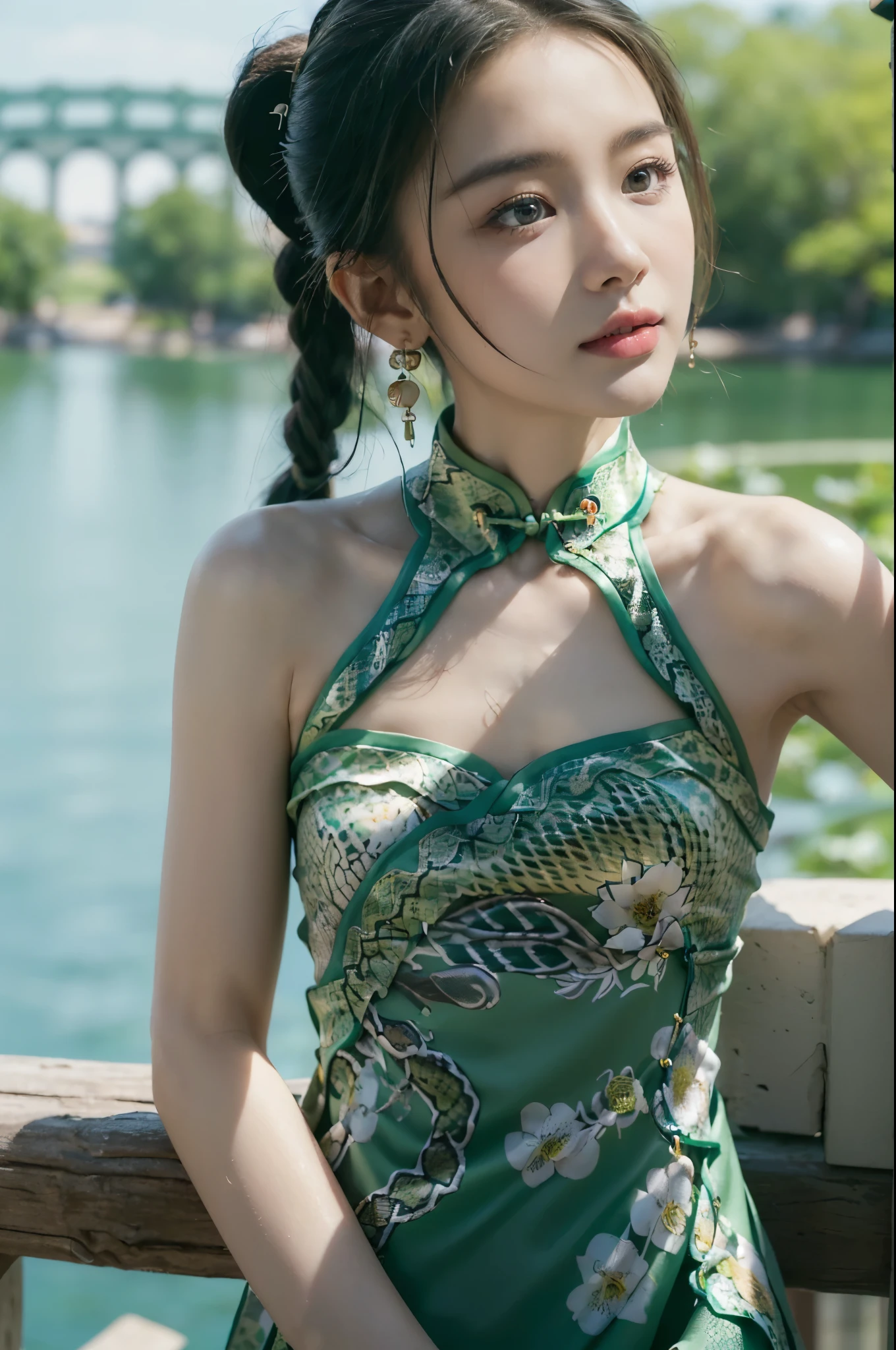 (nsfw),<lora:SexyChinaDress:0.9>, light green long dress, sexy dress,(floral print), china dress, 1girl, long hair, bare shoulders, bare arms, ((thighs)),(gigantic breasts),((sideboob)), upper body, (masterpiece, high quality, best quality), (colorful),(delicate eyes and face), volumatic light, ray tracing, bust shot ,extremely detailed CG unity 8k wallpaper,solo((flying petal)),(Flowery meadow) sky, blue sky, sunny, light, fantasy, windy, magic sparks, outdoors, chinese style yard, green plants, flowers