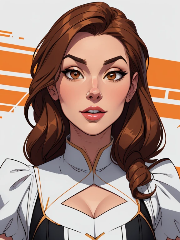 Cartoon style digital illustration (Artline drawing fundo) branco imagem estilo retrato personagem de a Bela e a fera. Bela:Physicist: Beautiful cartoon style digital illustration young woman with long brown hair and expressive brown eyes. Ela tem uma postura graciosa e elegante.Roupa: veste um deslumbrante vestido amarelo.Fera:Physicist: another character 2 character is snow white with sexy corset