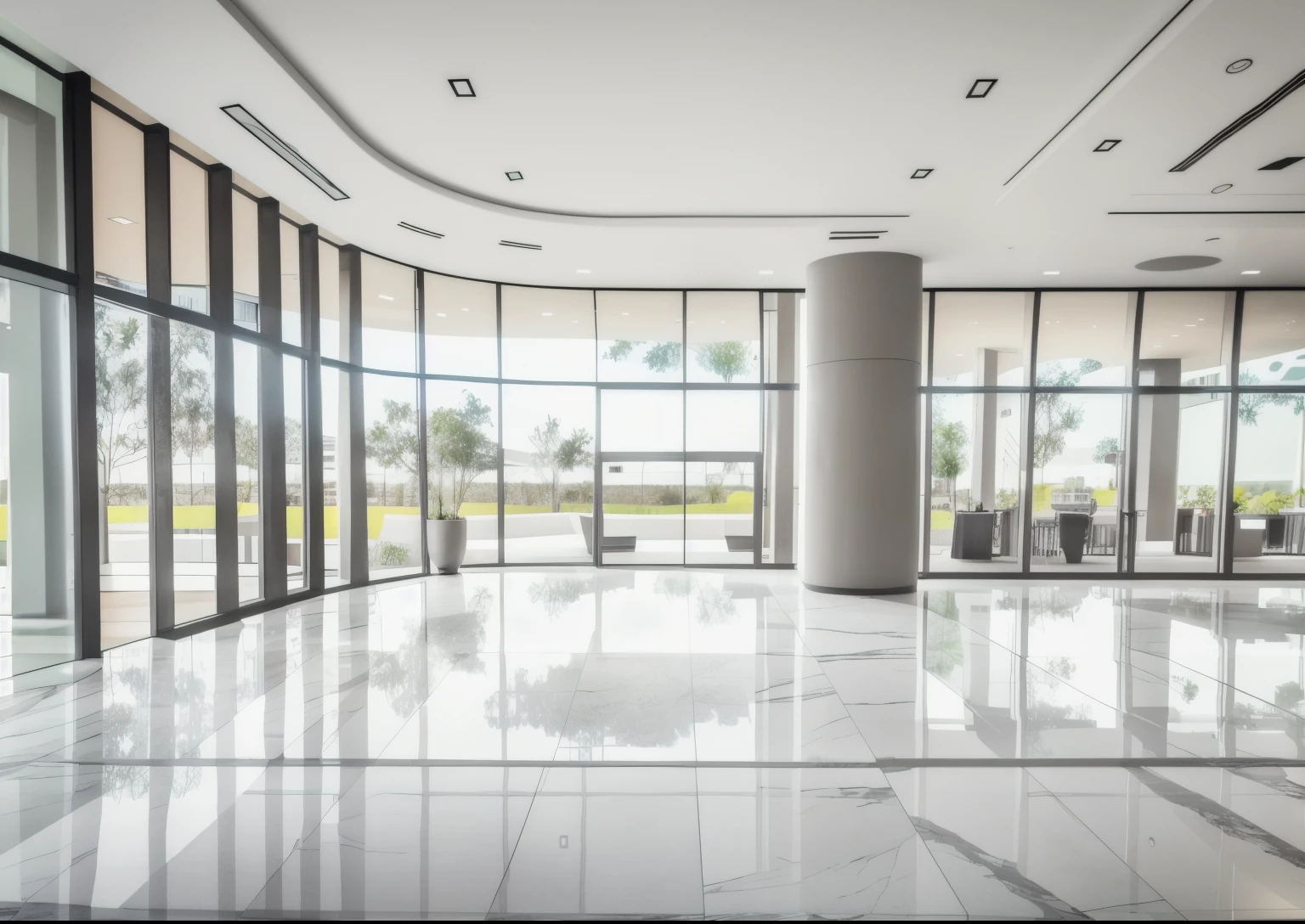 The lobby of the new commercial complex features large glass windows and white marble without pattern, grey glass window frames, entrance, light grey tones, ambience, expansive green areas, transparency, three columns, best quality, ultra-realistic.