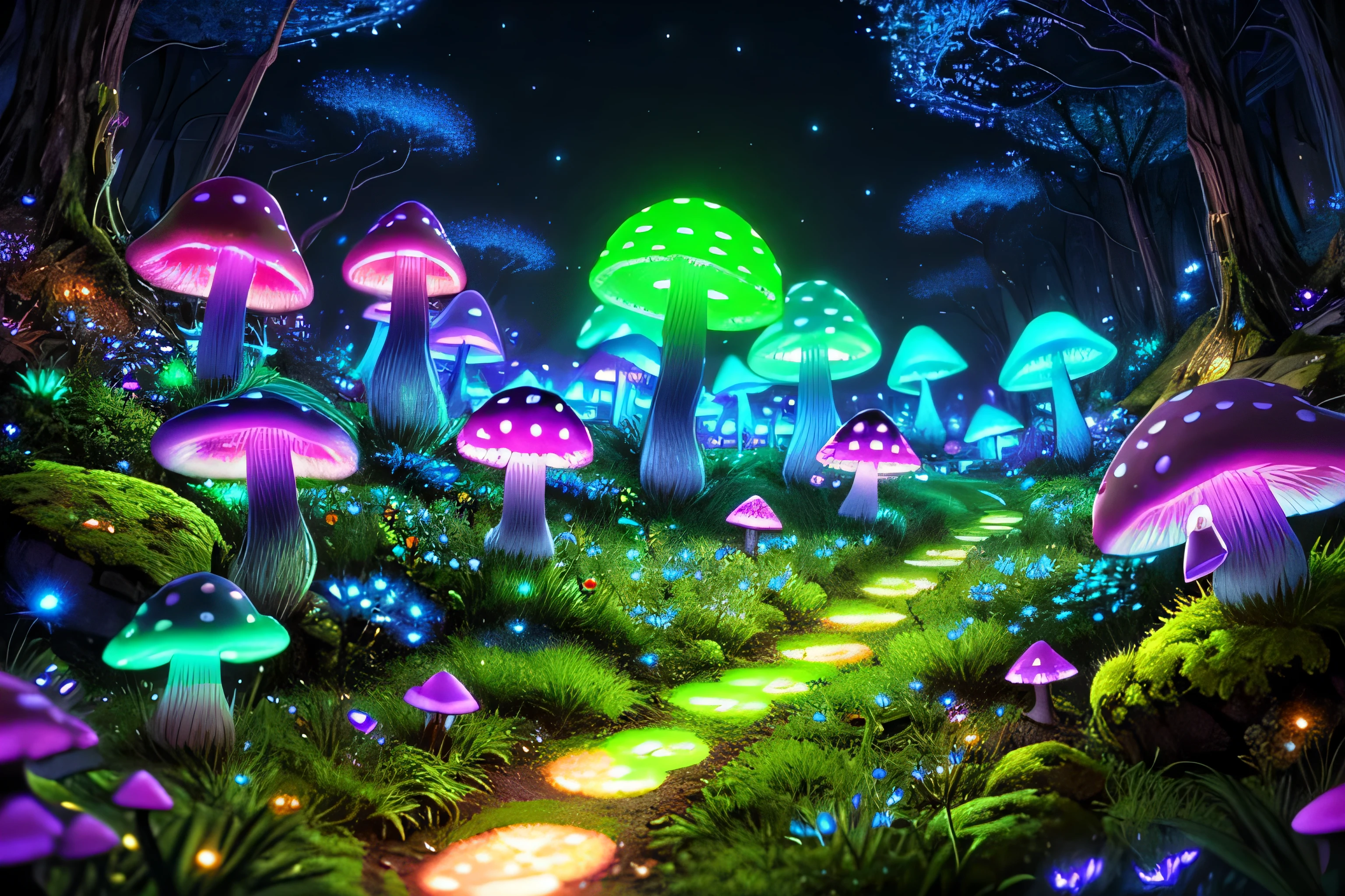 (very detailed:1.2),(highest quality:1.2),8K,sharp focus, (scattered below the surface:1.1)、forest path、
(Glowing magical bioluminescent mushrooms:1.2),psychedelic magic particles in the air,  (neon bioluminescent mushroom forest at night:1.2), (magic firefly:1.2)
(Very detailed trees、rocks and moss:1.2), (very detailed background:1.3), roleplaying game, Eldon Ring Style, (fantasy:1.3),(surreal:1.1), (((night))), movie lighting, very detailed, art station,Smooth, sharp focus, types of bacteria, Greg Rutkoski, edited pick, trending on art station, trending on deviantart, Please knock me out, (compared:0.4),