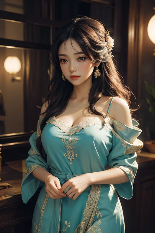 The art depicts a charming woman dressed in a flowing, silky traditional oriental dress decorated with intricate patterns and bright colors. Her dress drapes elegantly over her curvy figure, accentuating her seductive silhouette. She stood gracefully in the quiet moonlit night, bathed in the soft glow of the moonlight. The scene exudes an ethereal and dreamy atmosphere, with a touch of mystery and sexiness. The graphic style blends watercolor and digital illustration techniques to evoke a refined beauty and charm. The candlelight is filled with soft moonlight, casting soft highlights and shadows on her charming features.