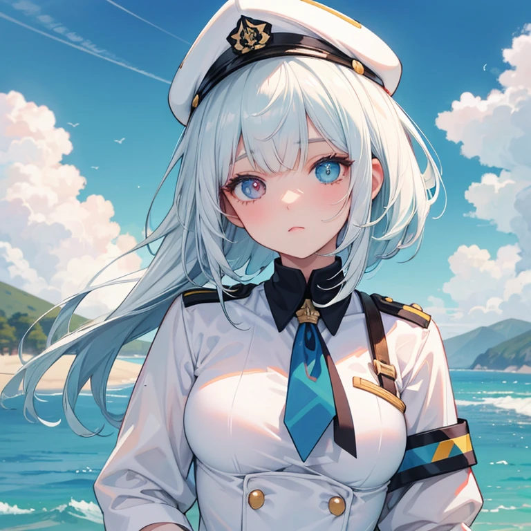 Uma linda em 2d, ela tem o cabelo branco, she has heterochromia and her left eye is red and her right eye is blue, ela usa um uniforme militar na cor roxa