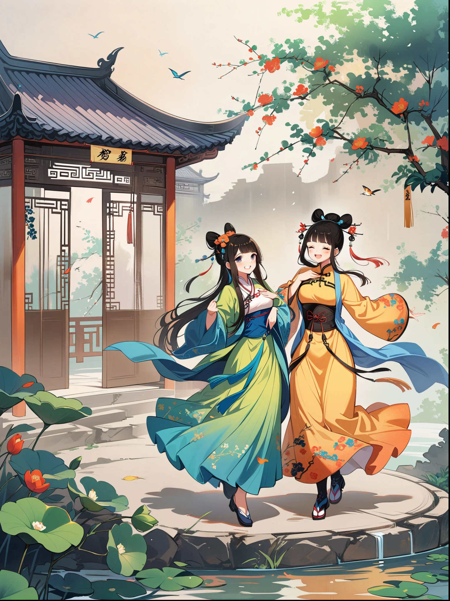 Works of Chinese style masters,Princess of China,Yang Guifei,Tang Dynasty Hanfu,Skirt,Chinese garden,dance,Smile,Brilliant colors,Star-sparkled,gorgeous,Huafu,The ribbon flutters,Exquisite makeup