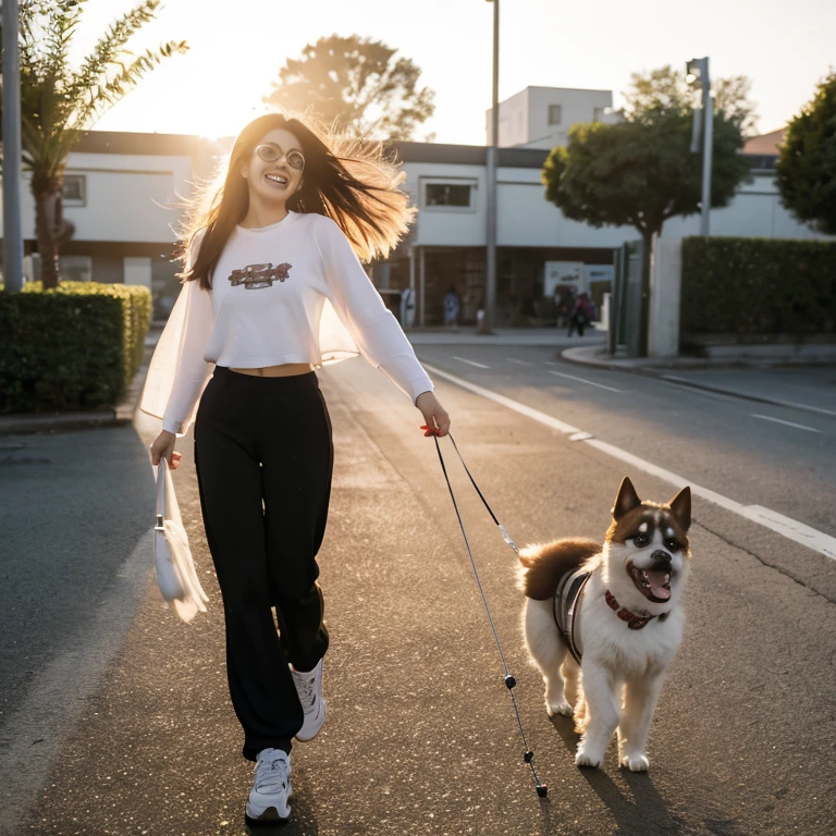 highest quality、8K、Fur Best、long-sleevedＴshirt、flare pants、(Dog-walking)、A motionless dog、woman laughing out loud、fun、smile、sneakers、Loosely tied long hair、Brown Glasses、Open your mouth and laugh out loud、sunset sunlight、Shooting from below