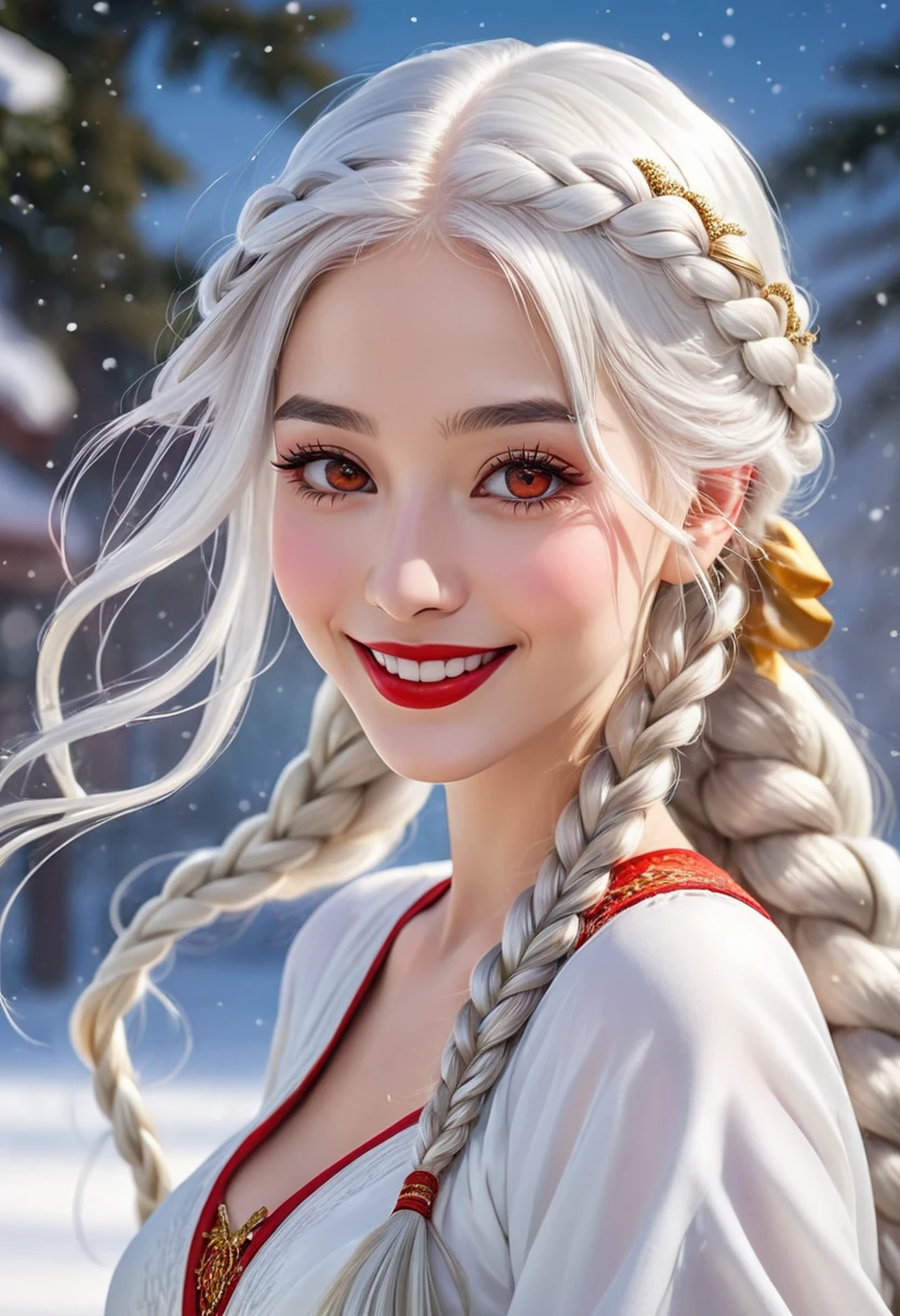 best quality, masterpiece,white hair, gold eyes,white clothes, looking up, upper body,hair strand long hair,Fair skin,side braids with coloured threads braided in them. Large bosom, extremely thin waist, exstremely thin hips. large red lips. Wide smile, gown the color of snow. Good humored whimsical full face.