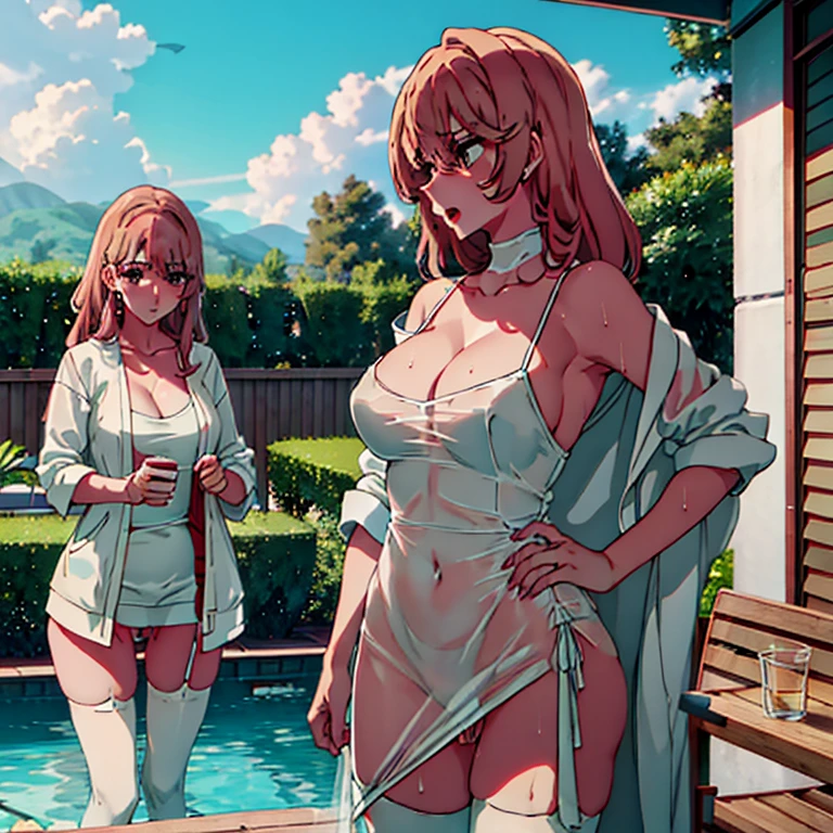 NSFW, (dos chicas teniendo sexo), ((calidad optima)), (obra maestra),(Un detallado: 1.4),cara roja, Mostrando los pezones, totalmente desnudo, La obra maestra definitiva,(Fidelidad:1.2),(sexy), (Cofre enorme), Grande , Piernas abiertas, (semillas: 1.1), (hermoso: 0.9), mostrando culo, orgasm expresions, some pubic hair, (Entrepierna rosa), (Grandes tetas), al lado de la piscina, completamente mojada, (wet pussy), Translucent stockings, sudoroso, anal, gran culo, todo mojado, having lesbian oral sex, rubio, cabello corto