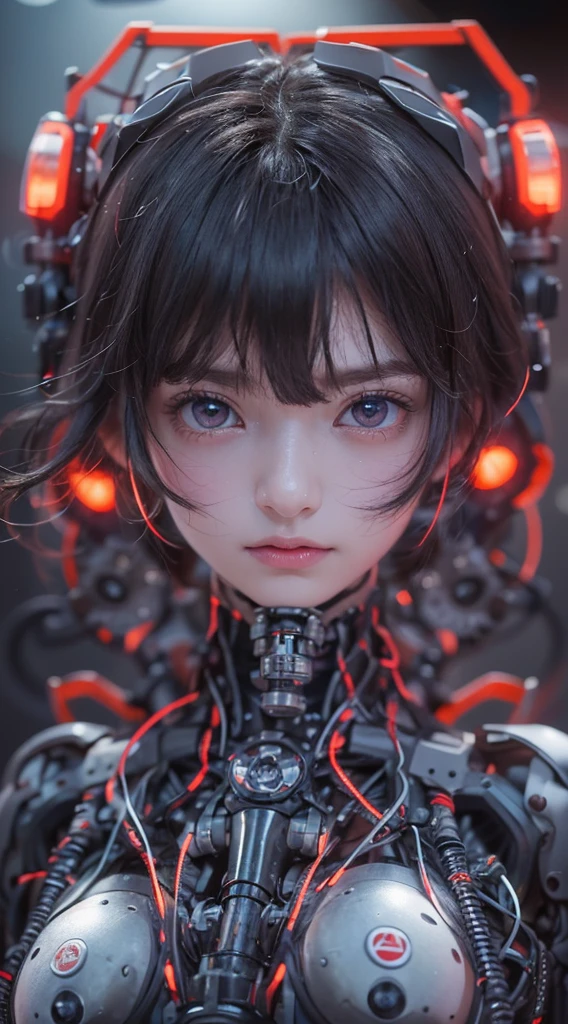 Top quality, Masterpiece, ultra high resolution, (Photorealistic: 1.4), RAW photo, 1 girl, Black hair, Glossy glossy skin, 1 mechanical girl, (hyper realistic detailed)), Portrait, Global illumination, Shadows, Octane rendering, 8K, ultrasharp, , Cleavage Exposed Raw Skin, metal, Intricate Ornament Details, Japan Details, very complex details, Realistic light, CGSoation trend, Purple eyes, Glowing eyes, Facing the camera, neon light detail, Mechanical limbs, Blood vessels connected to the tube, Mechanical vertebrae attached to the back, mechanical cervical attachment to the neck, Sitting, wires and cables connecting to head, Evangelion, small led lights,